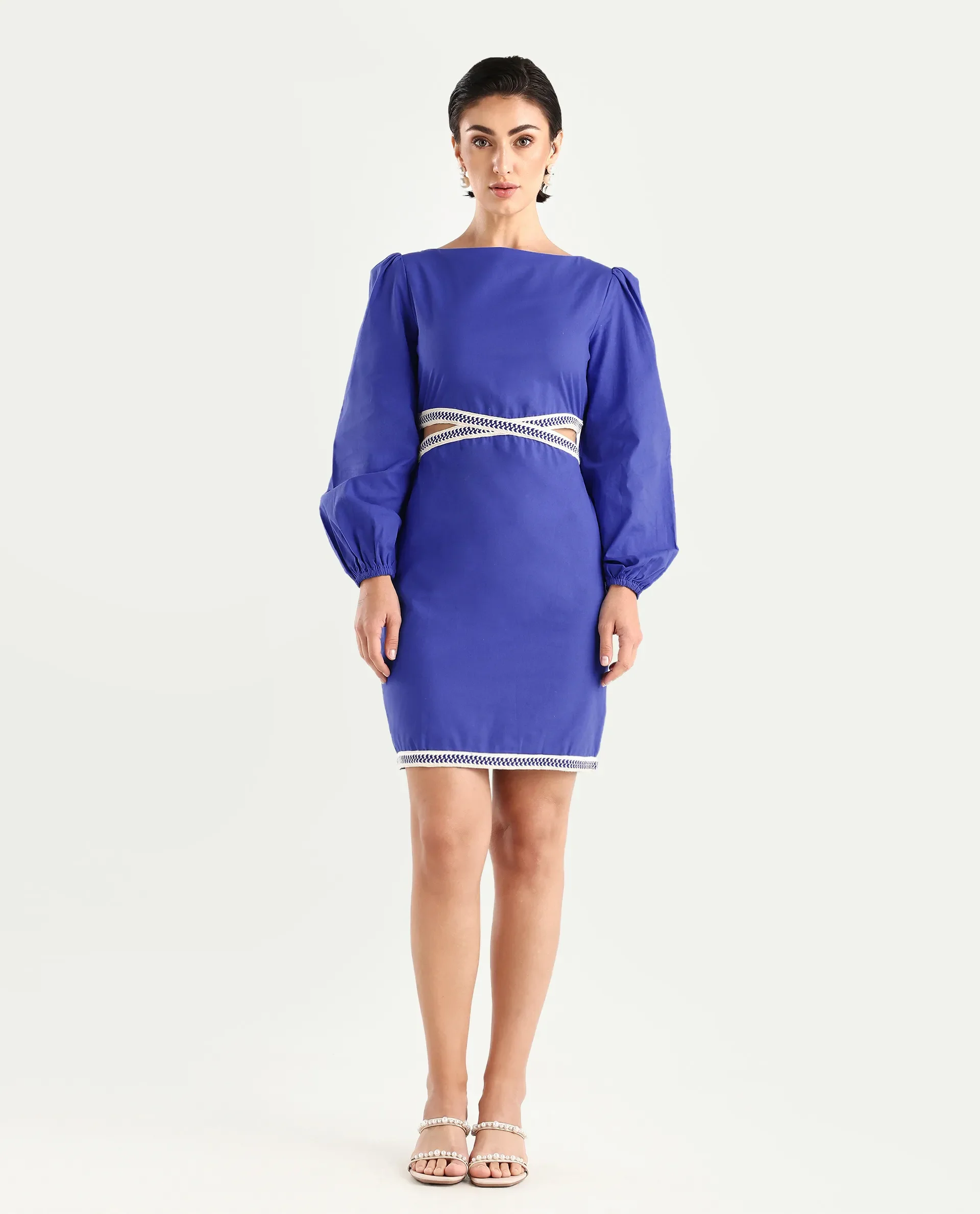 Rareism Women's Jantata Blue Cotton Boat Neck Plain Bishop Sleeve Mini Fitted Dress - Image 2