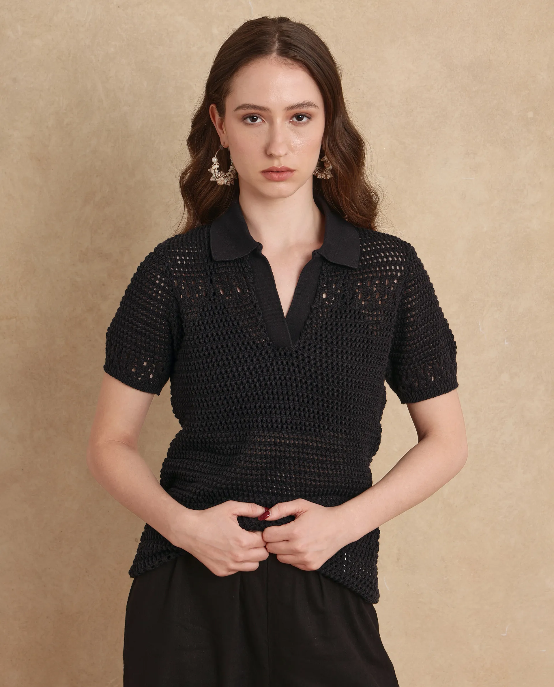 Rareism Women's Jantuda Black Cotton Spread Collar Knitted Regular Fit Top - Image 2