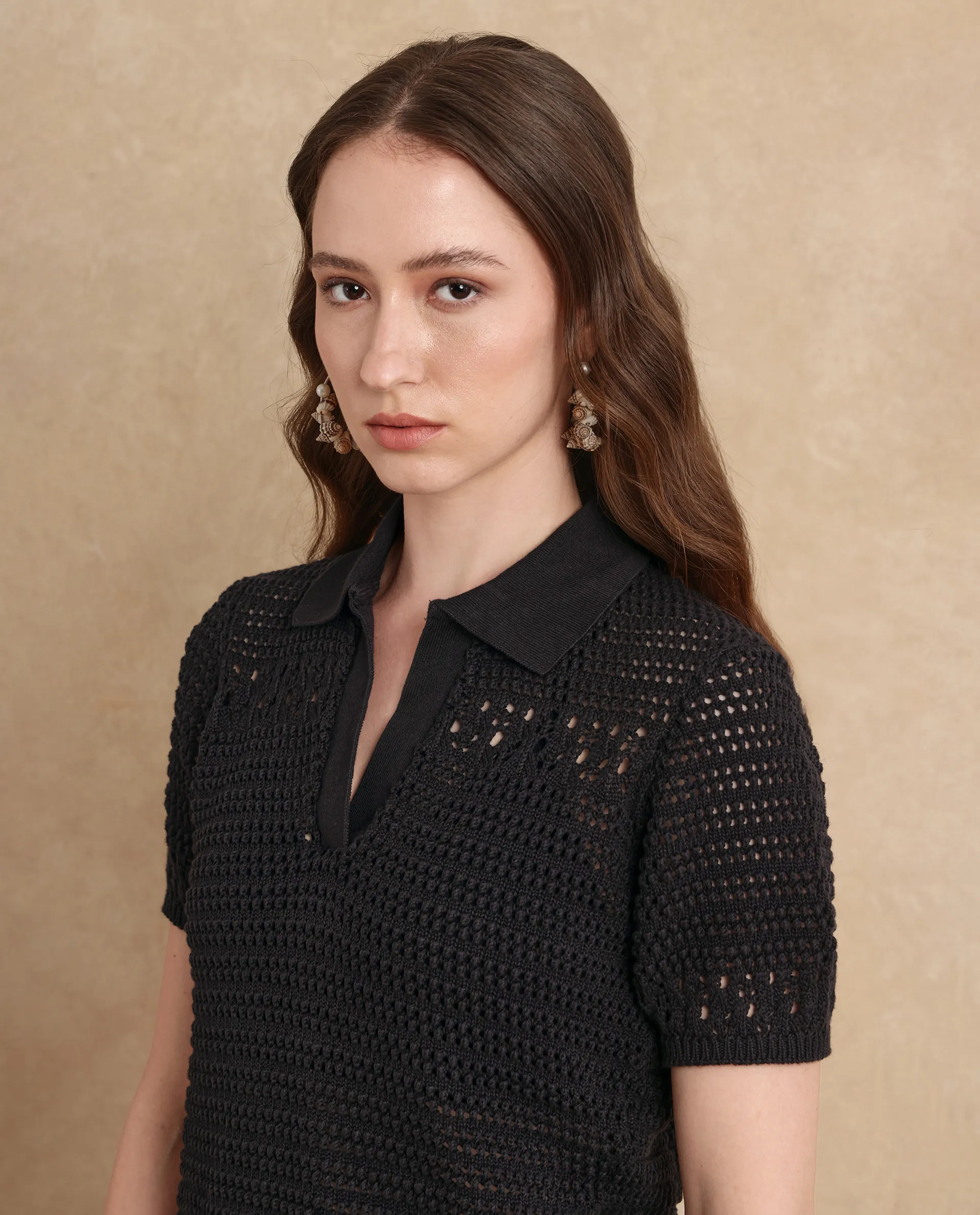 Rareism Women's Jantuda Black Cotton Spread Collar Knitted Regular Fit Top - Image 4