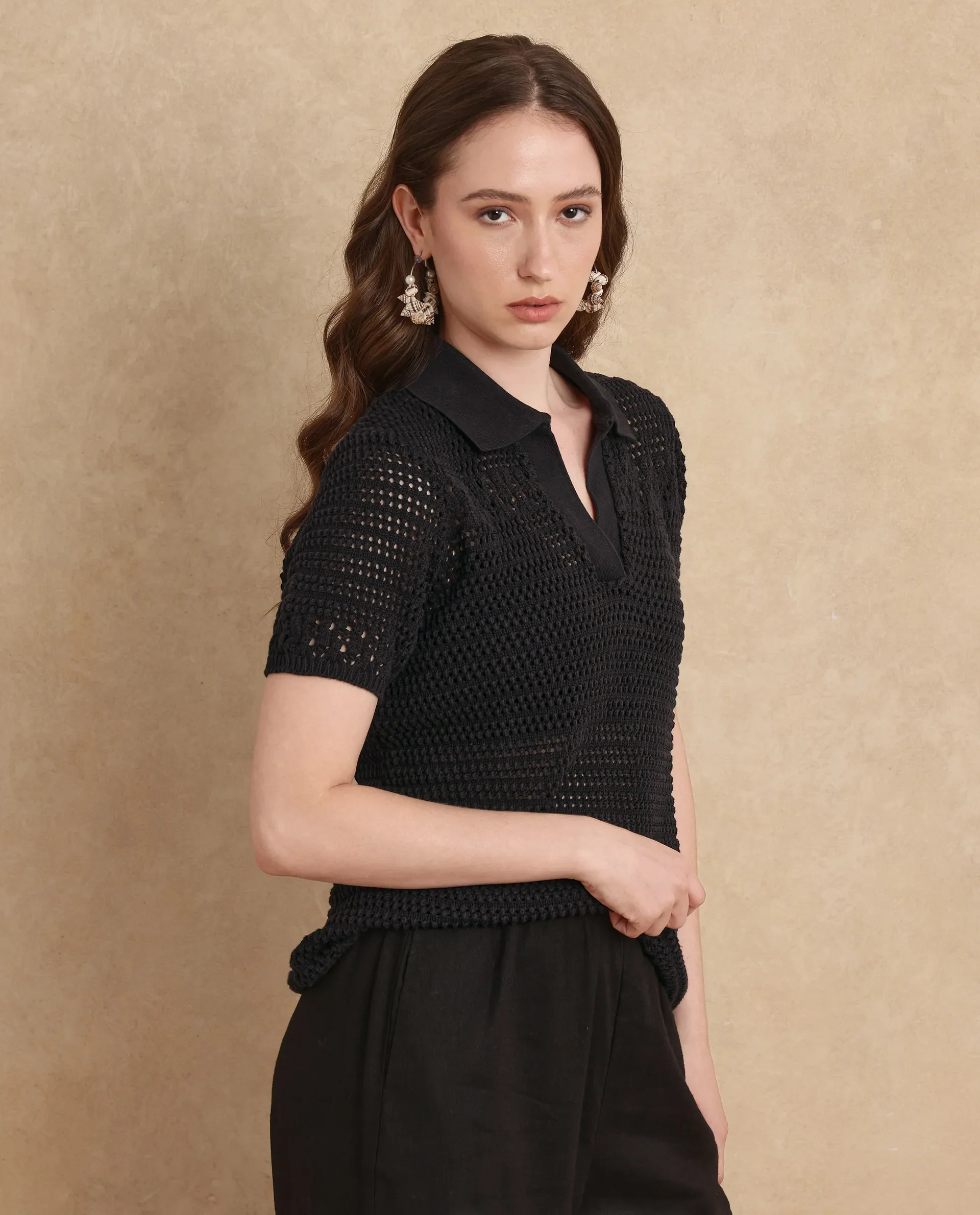 Rareism Women's Jantuda Black Cotton Spread Collar Knitted Regular Fit Top - Image 6