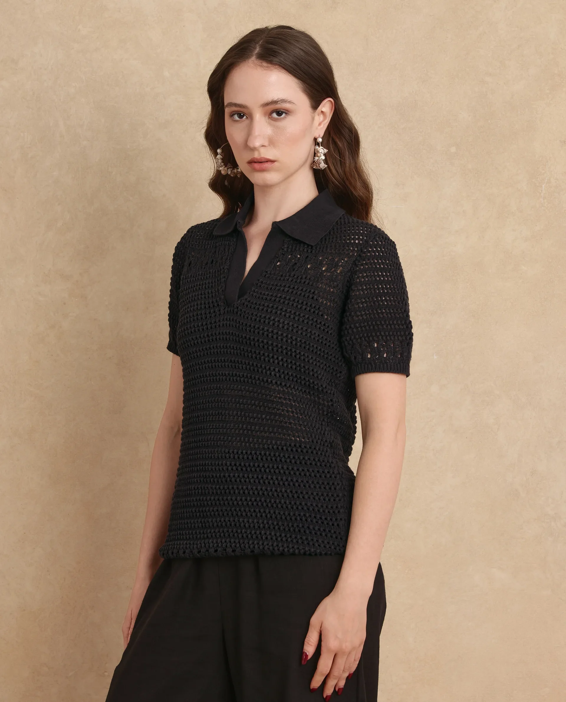 Rareism Women's Jantuda Black Cotton Spread Collar Knitted Regular Fit Top - Image 7
