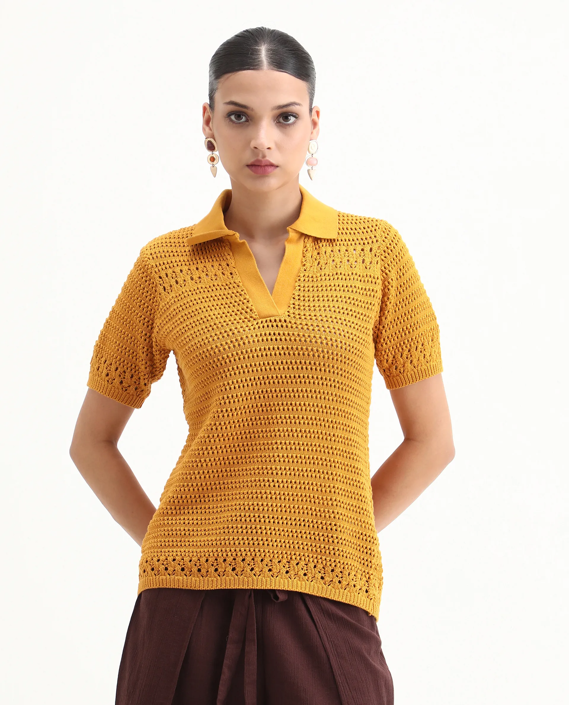Rareism Women's Jantuda Dusky Mustard Cotton Johnny Collar Plain Relaxed Fit Top - Image 4