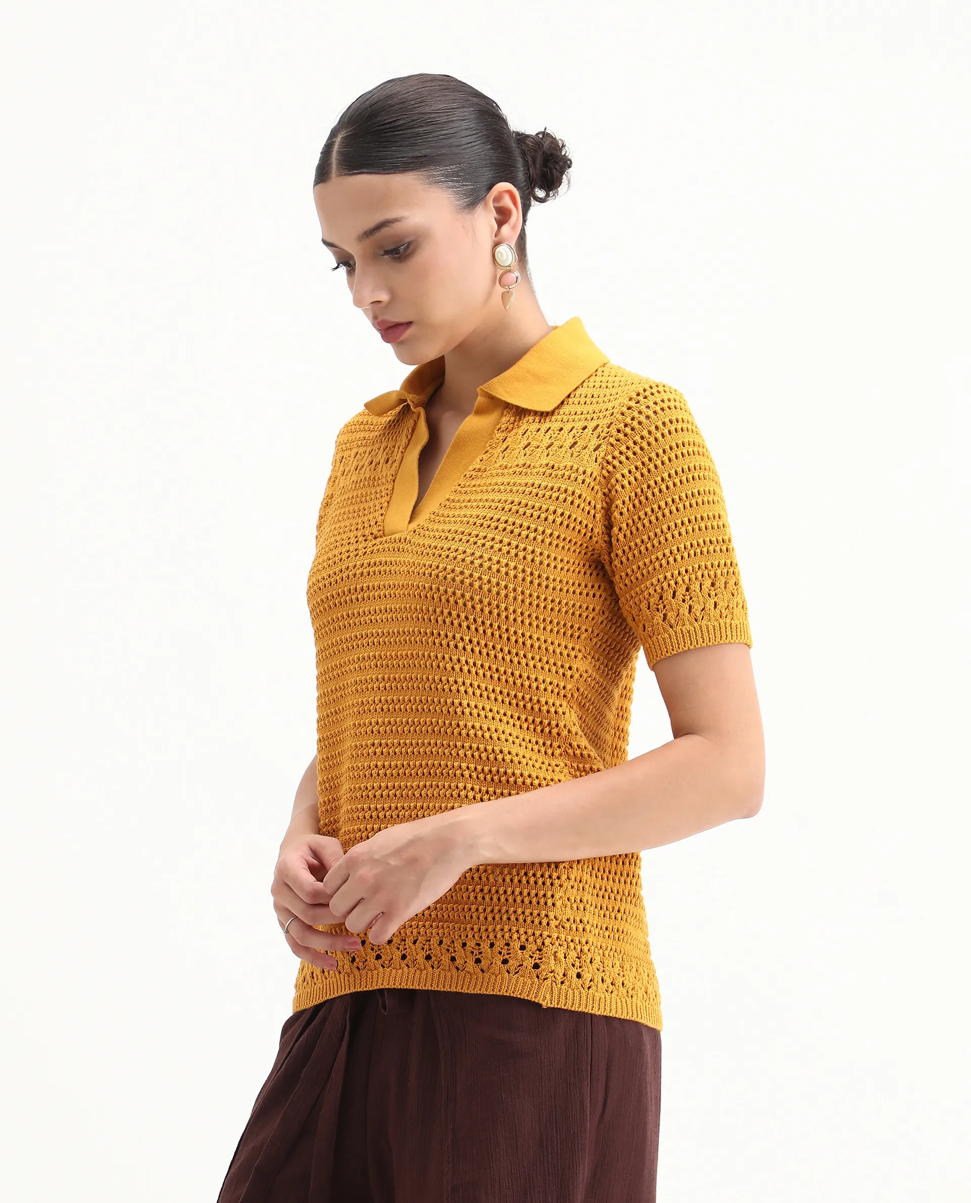 Rareism Women's Jantuda Dusky Mustard Cotton Johnny Collar Plain Relaxed Fit Top - Image 5