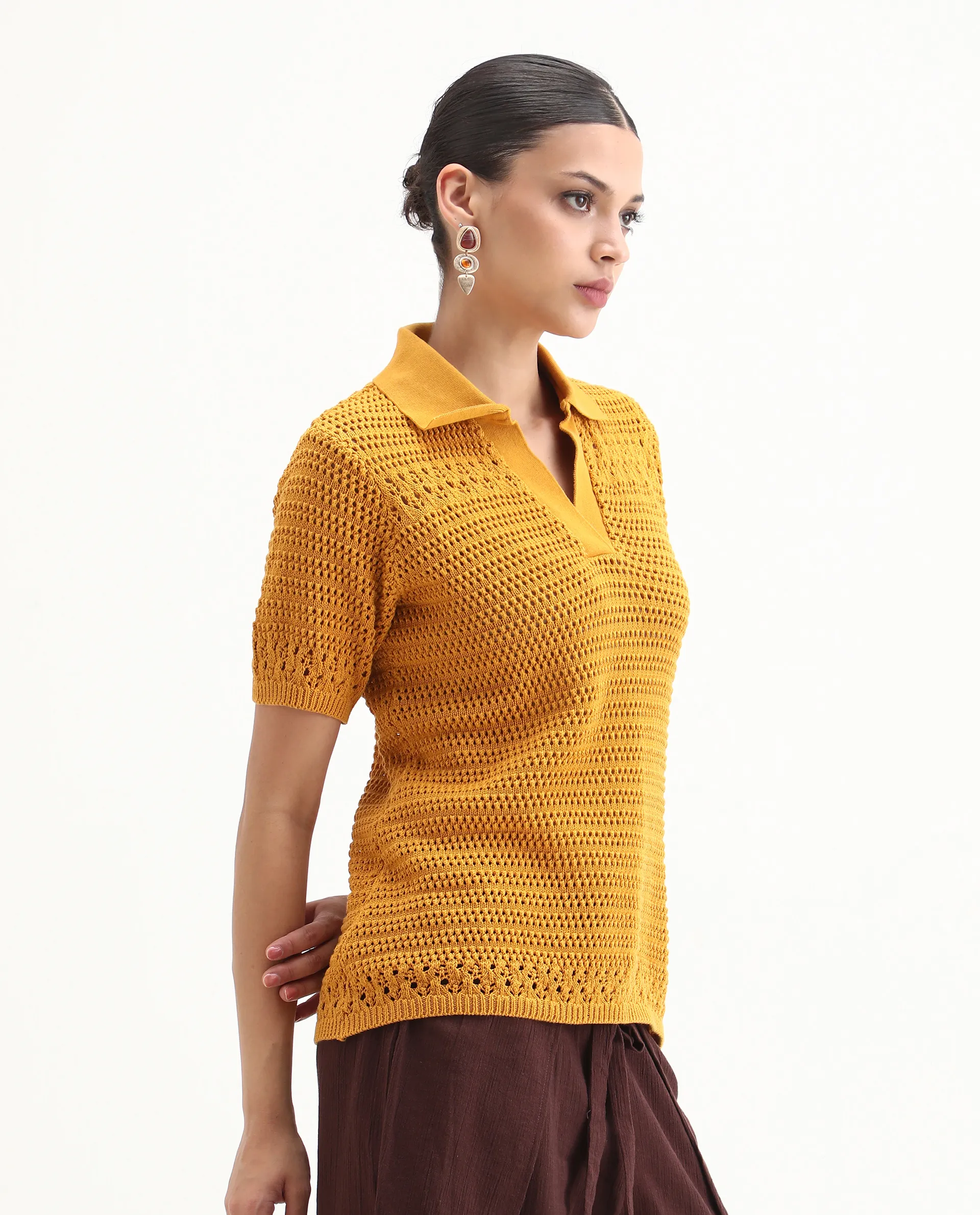 Rareism Women's Jantuda Dusky Mustard Cotton Johnny Collar Plain Relaxed Fit Top - Image 6