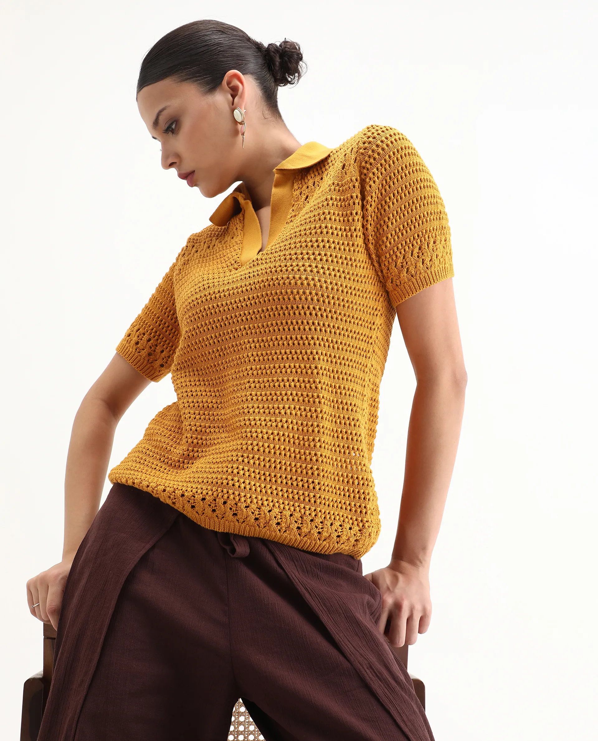 Rareism Women's Jantuda Dusky Mustard Cotton Johnny Collar Plain Relaxed Fit Top - Image 7