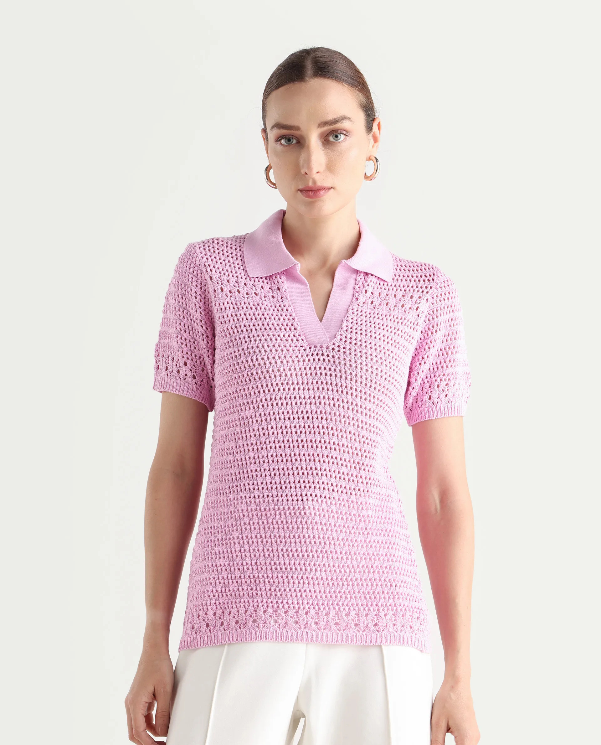 Rareism Women's Jantuda Light Pink Cotton Johnny Collar Plain Regular Fit Top - Image 3