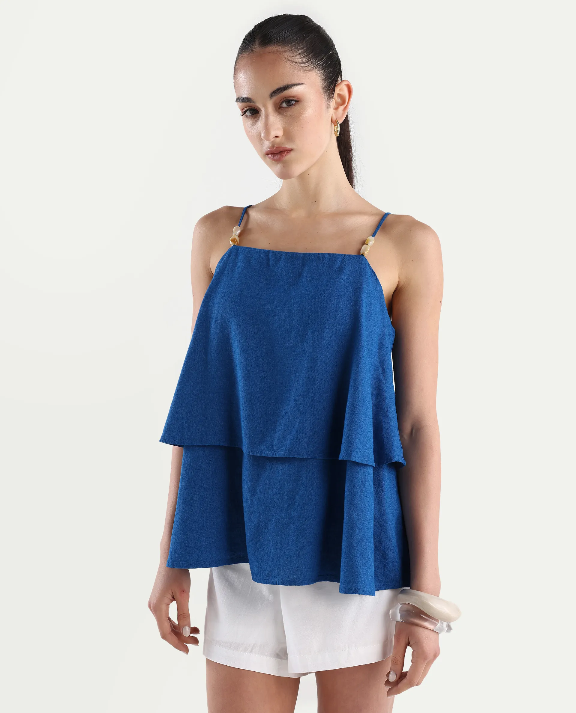 Rareism Women's Januana Blue Viscose Blend Shoulder Strap Plain Sleeveless Flared Top - Image 2