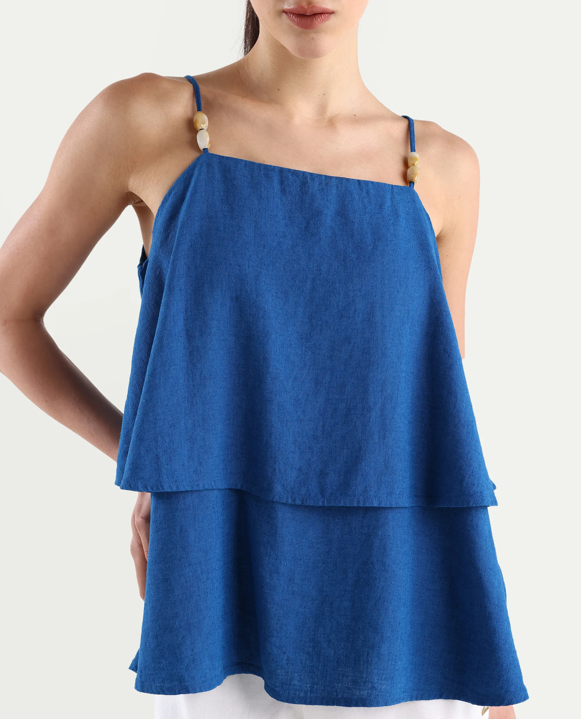 Rareism Women's Januana Blue Viscose Blend Shoulder Strap Plain Sleeveless Flared Top - Image 3