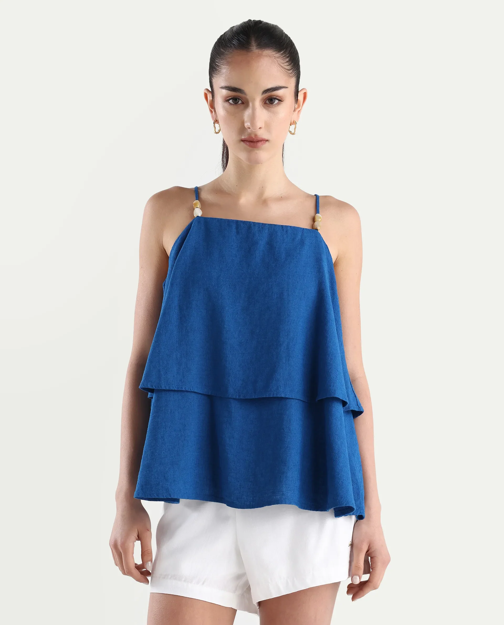 Rareism Women's Januana Blue Viscose Blend Shoulder Strap Plain Sleeveless Flared Top - Image 4