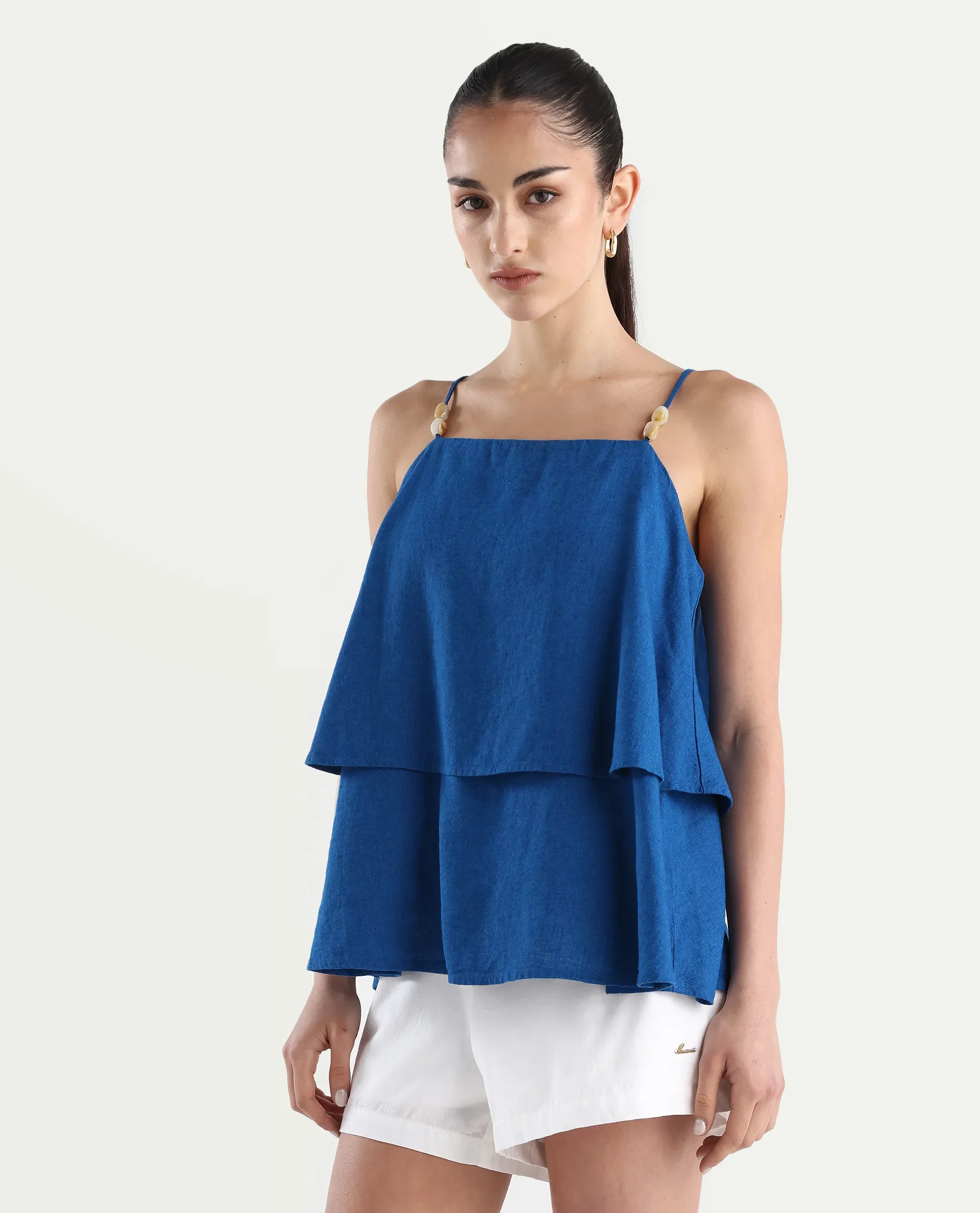 Rareism Women's Januana Blue Viscose Blend Shoulder Strap Plain Sleeveless Flared Top - Image 5