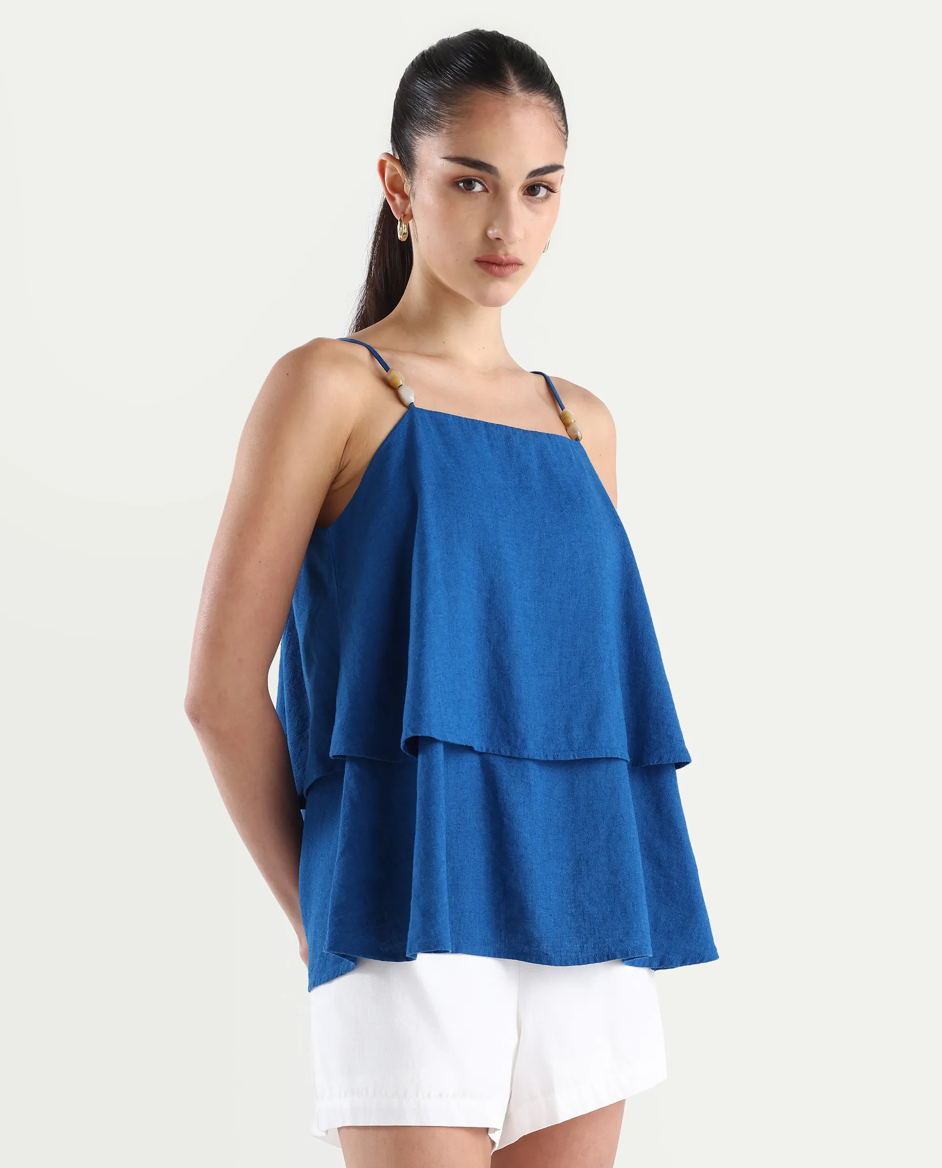 Rareism Women's Januana Blue Viscose Blend Shoulder Strap Plain Sleeveless Flared Top - Image 6