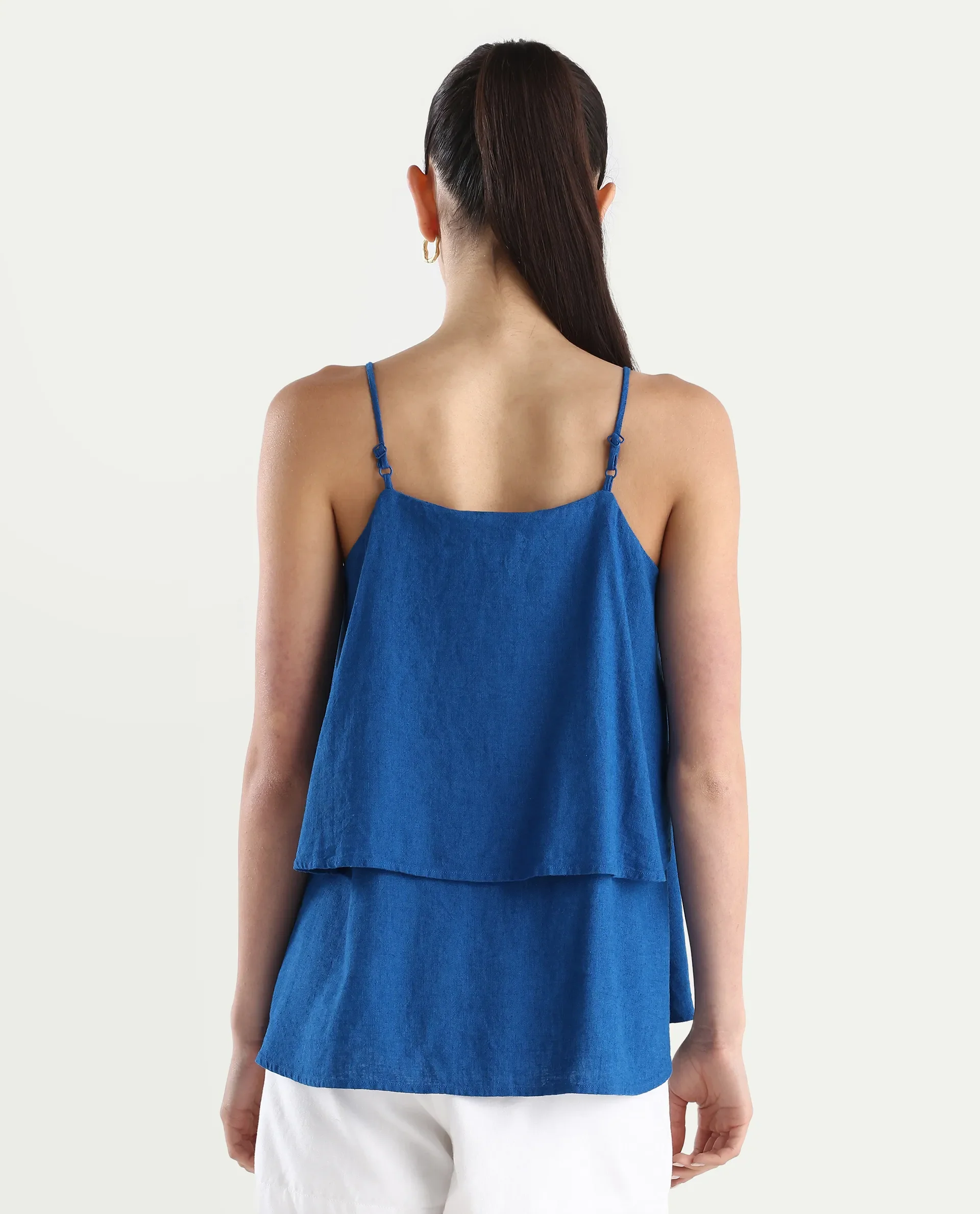 Rareism Women's Januana Blue Viscose Blend Shoulder Strap Plain Sleeveless Flared Top - Image 7
