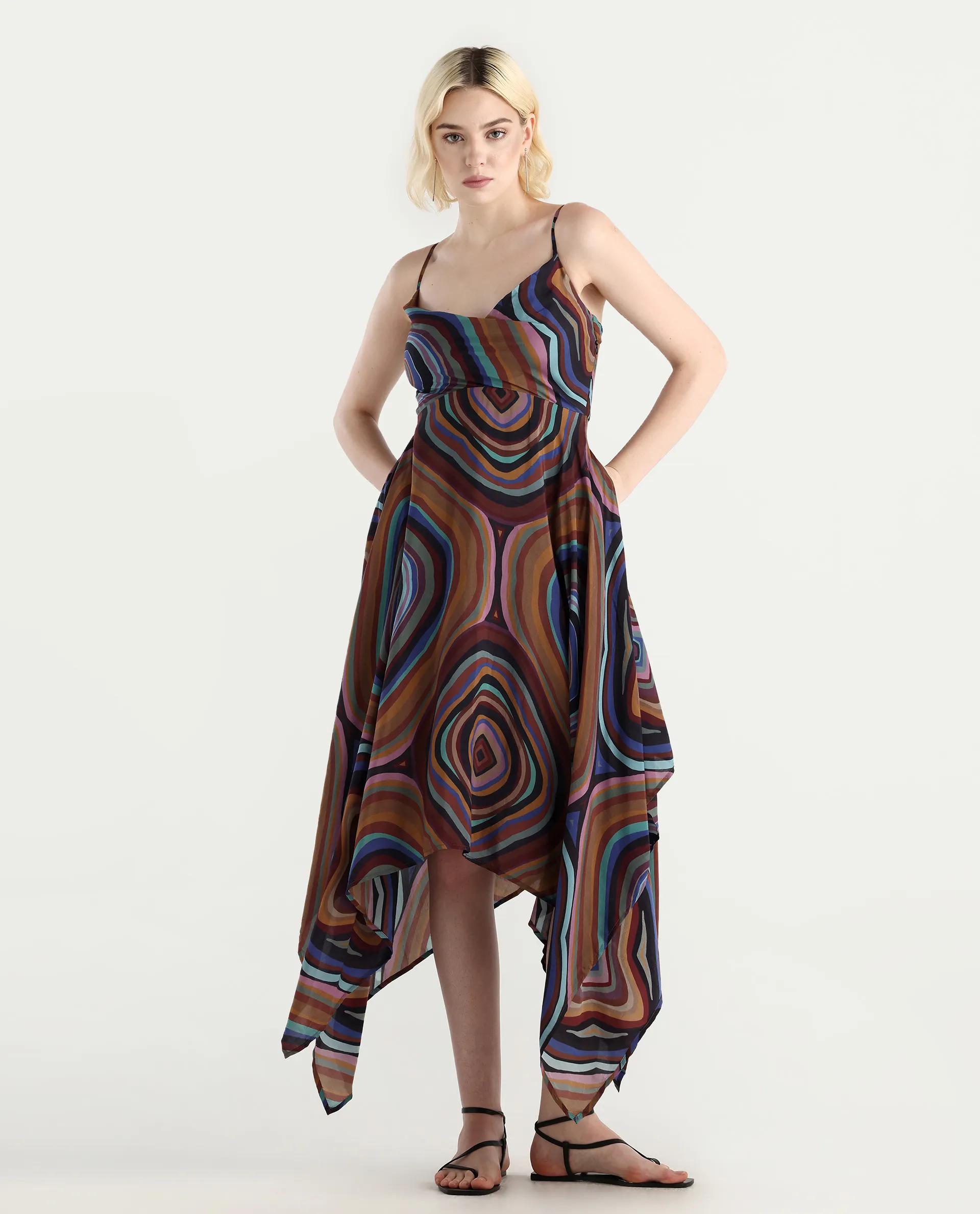 Rareism Women's Janudya Dark Multi Viscose Cowl Neck Abstract Print Sleeveless Maxi Fit And Flare Dress - Image 2