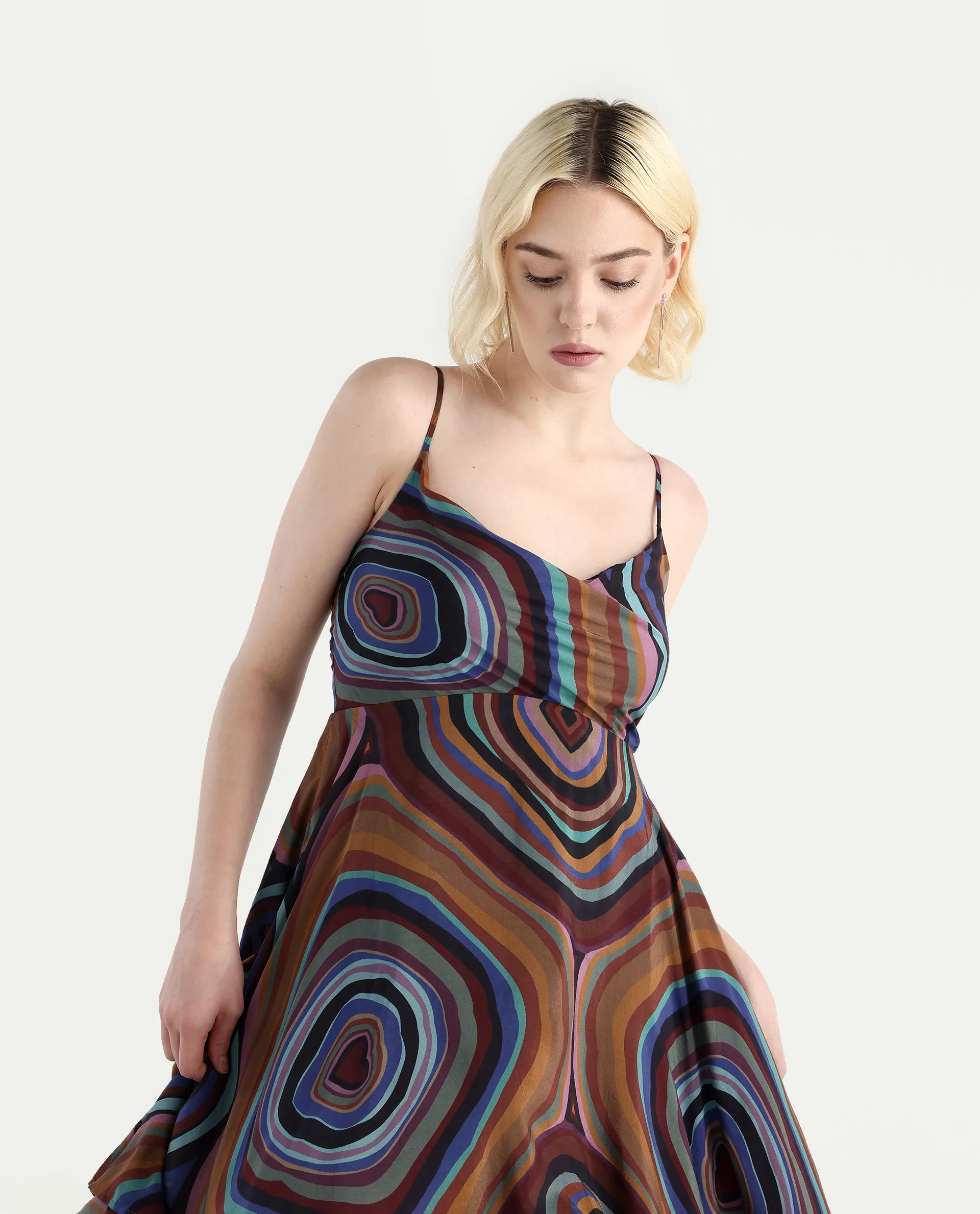 Rareism Women's Janudya Dark Multi Viscose Cowl Neck Abstract Print Sleeveless Maxi Fit And Flare Dress - Image 3