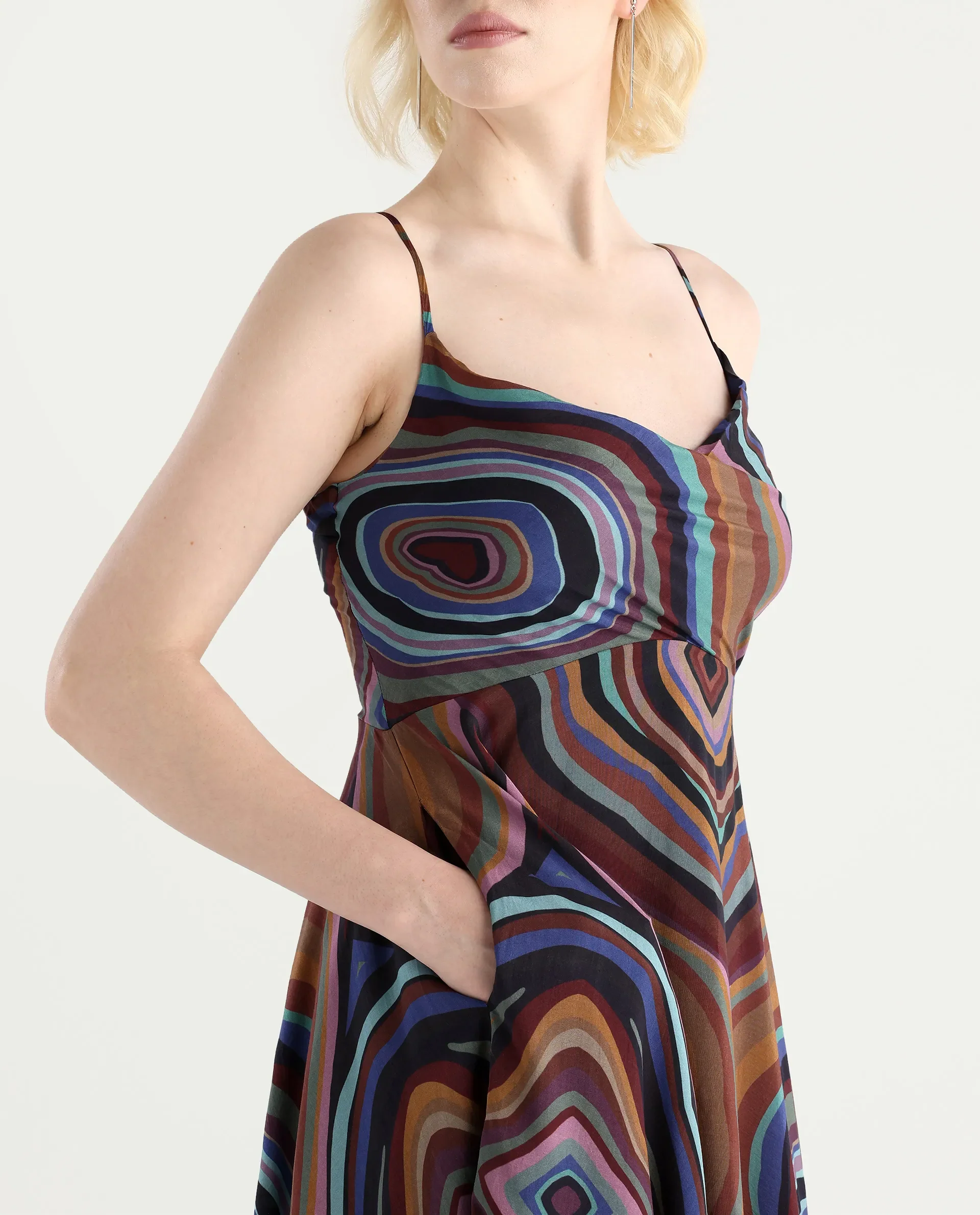 Rareism Women's Janudya Dark Multi Viscose Cowl Neck Abstract Print Sleeveless Maxi Fit And Flare Dress - Image 4