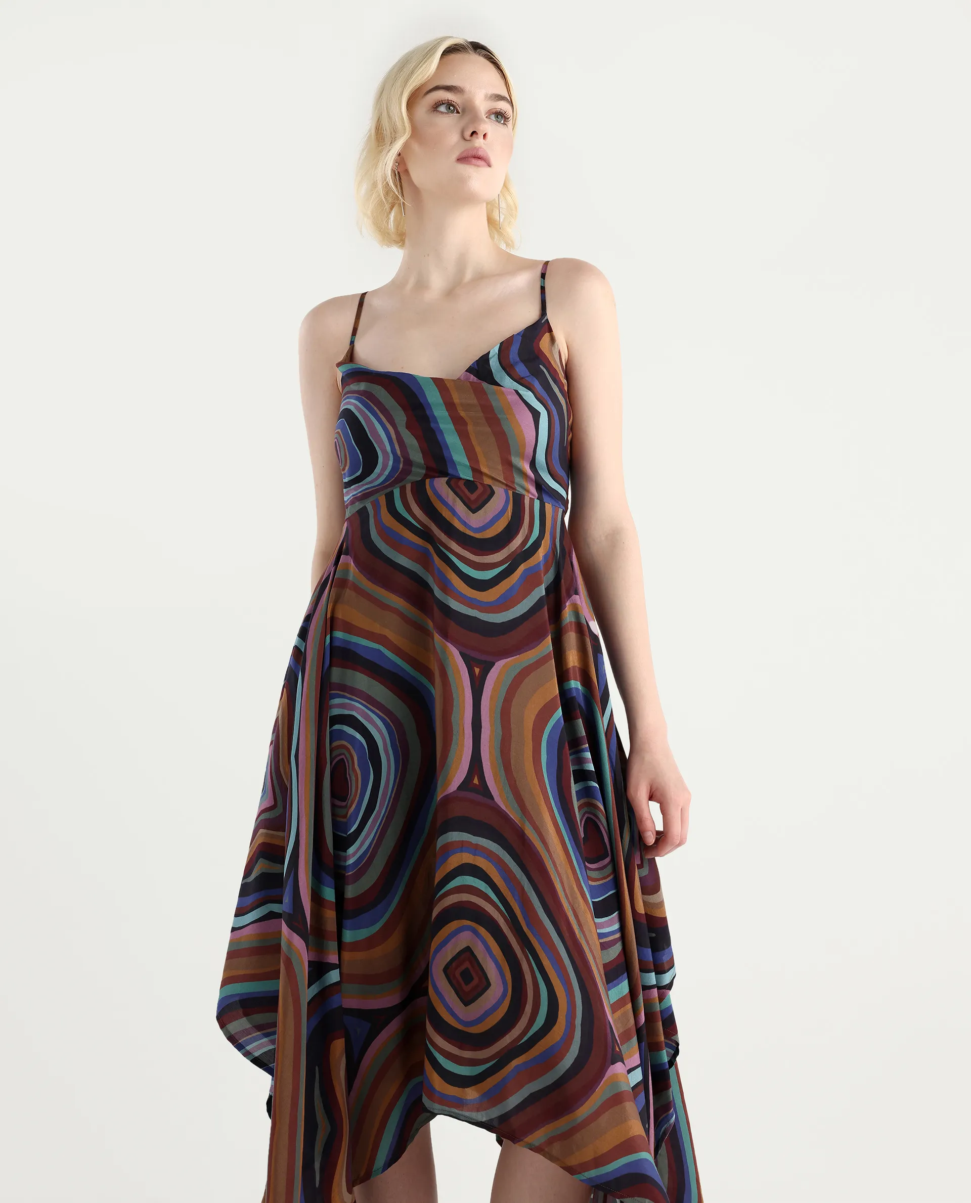 Rareism Women's Janudya Dark Multi Viscose Cowl Neck Abstract Print Sleeveless Maxi Fit And Flare Dress - Image 5