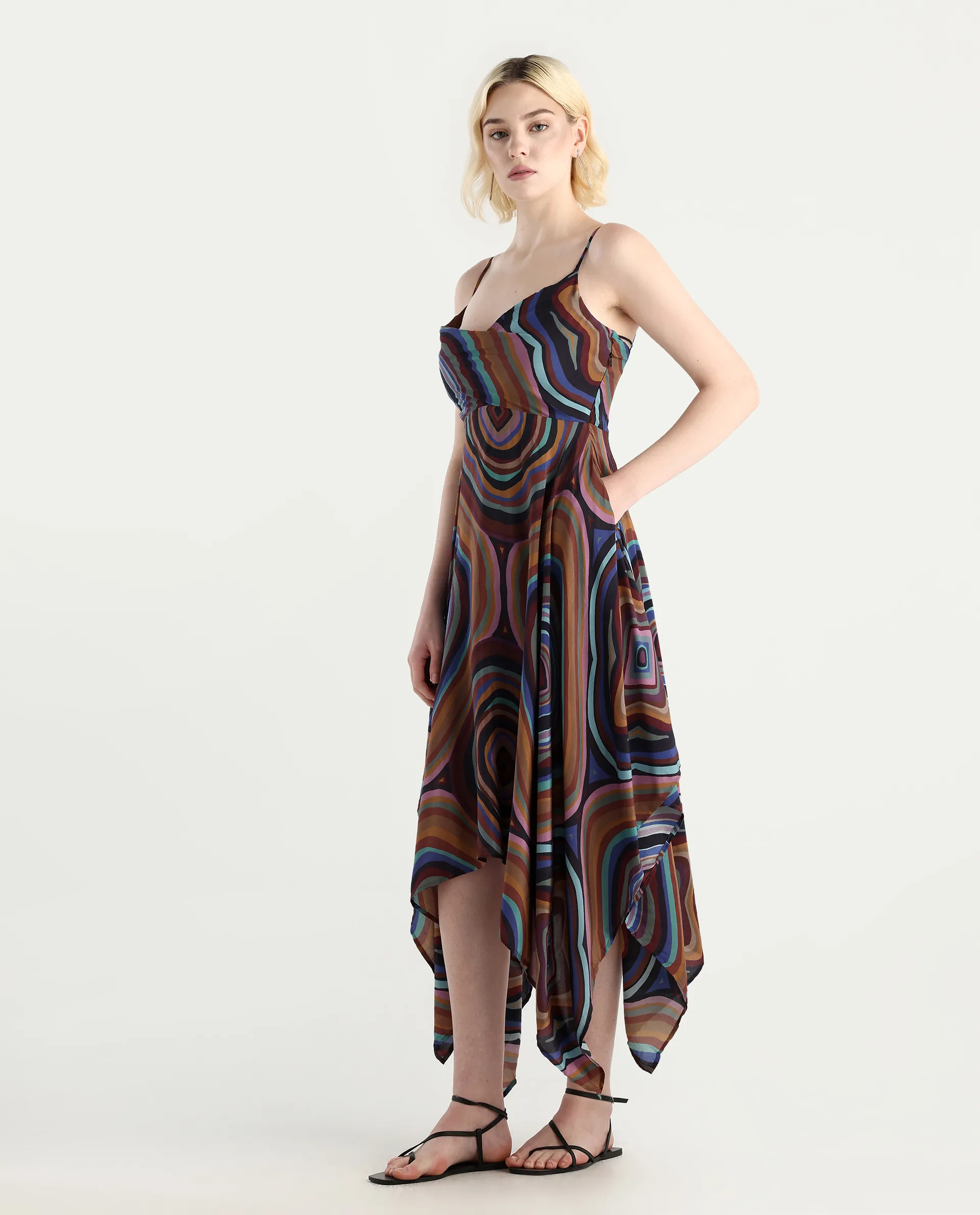 Rareism Women's Janudya Dark Multi Viscose Cowl Neck Abstract Print Sleeveless Maxi Fit And Flare Dress - Image 6