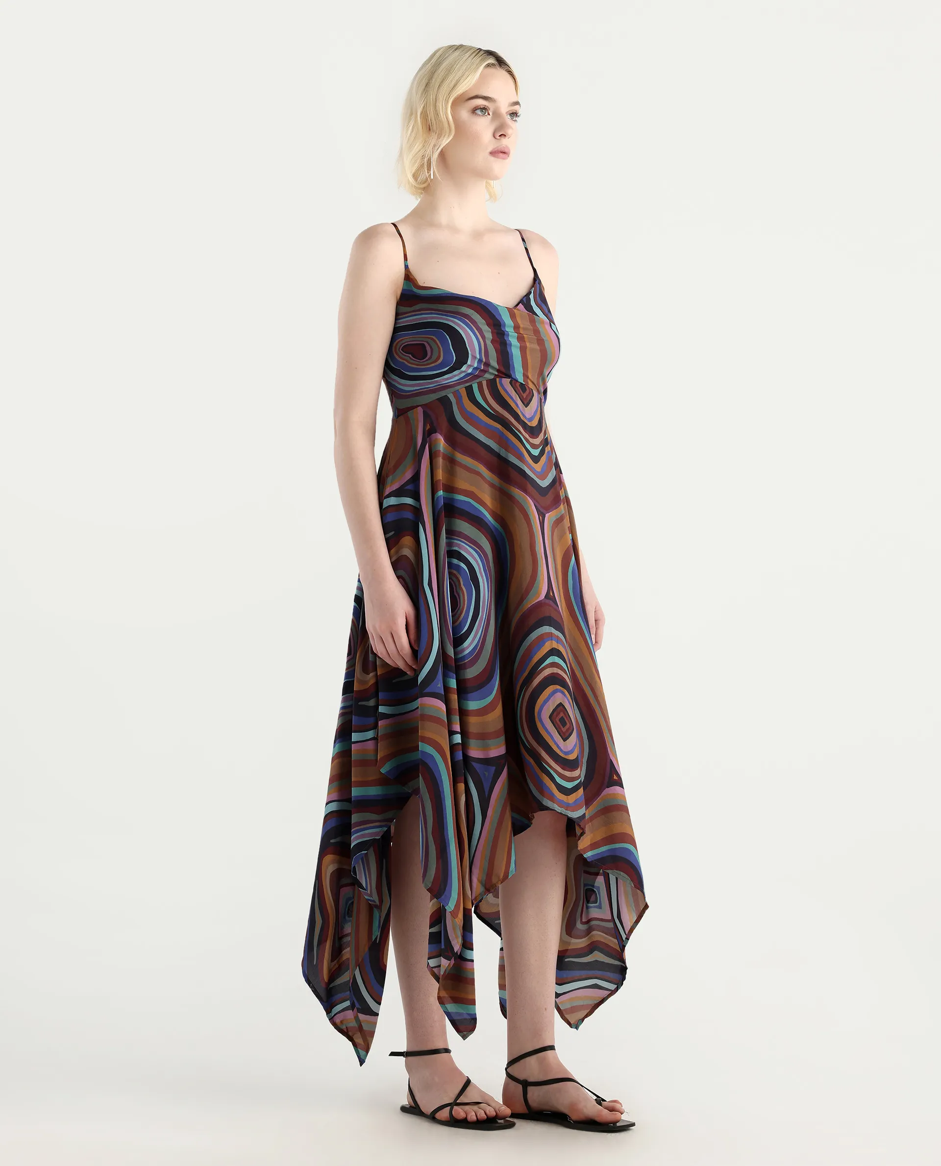 Rareism Women's Janudya Dark Multi Viscose Cowl Neck Abstract Print Sleeveless Maxi Fit And Flare Dress - Image 7