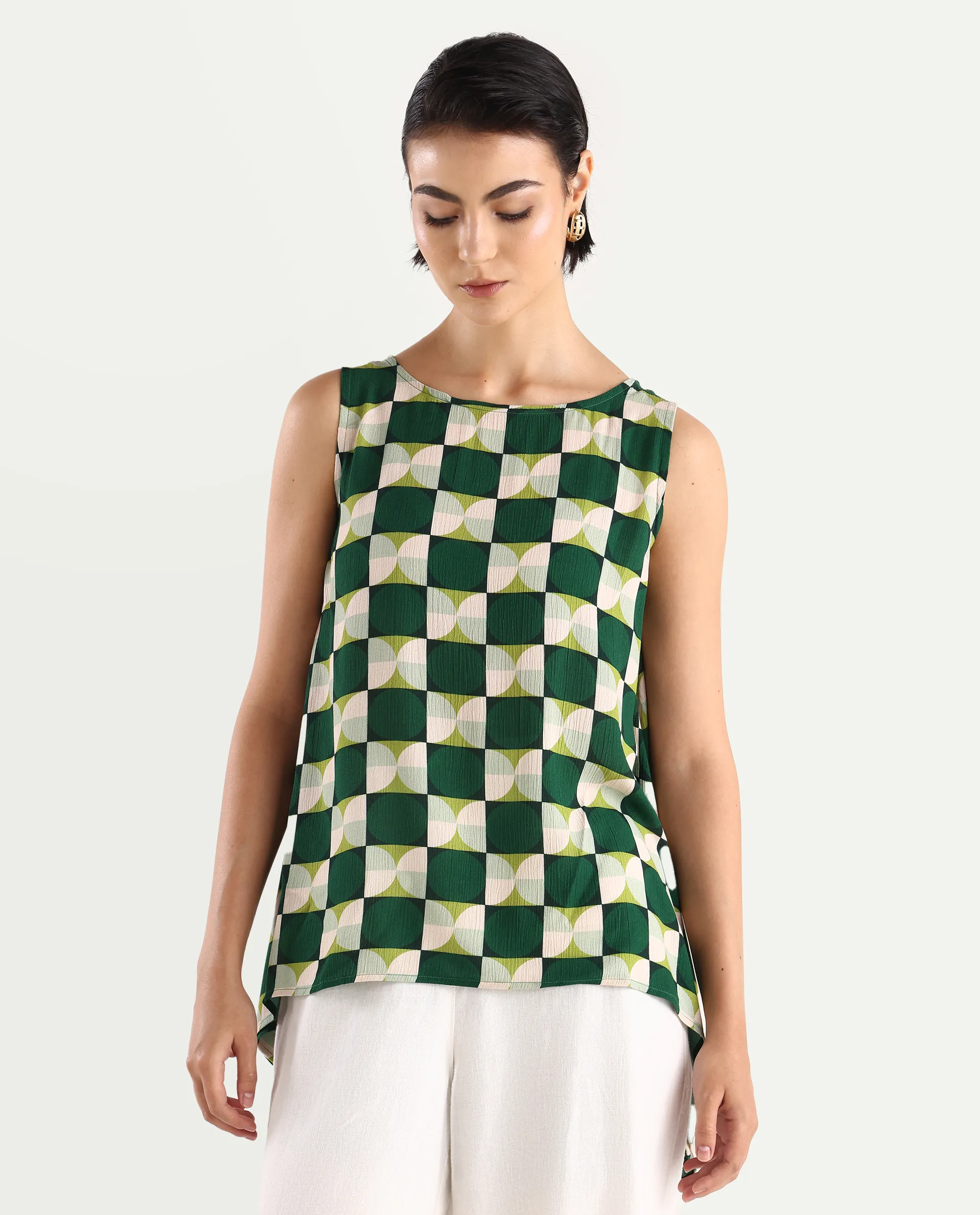 Rareism Women's Janus Dark Multi Rayon Crew Neck Geometric Print Sleeveless Regular Fit Top - Image 3