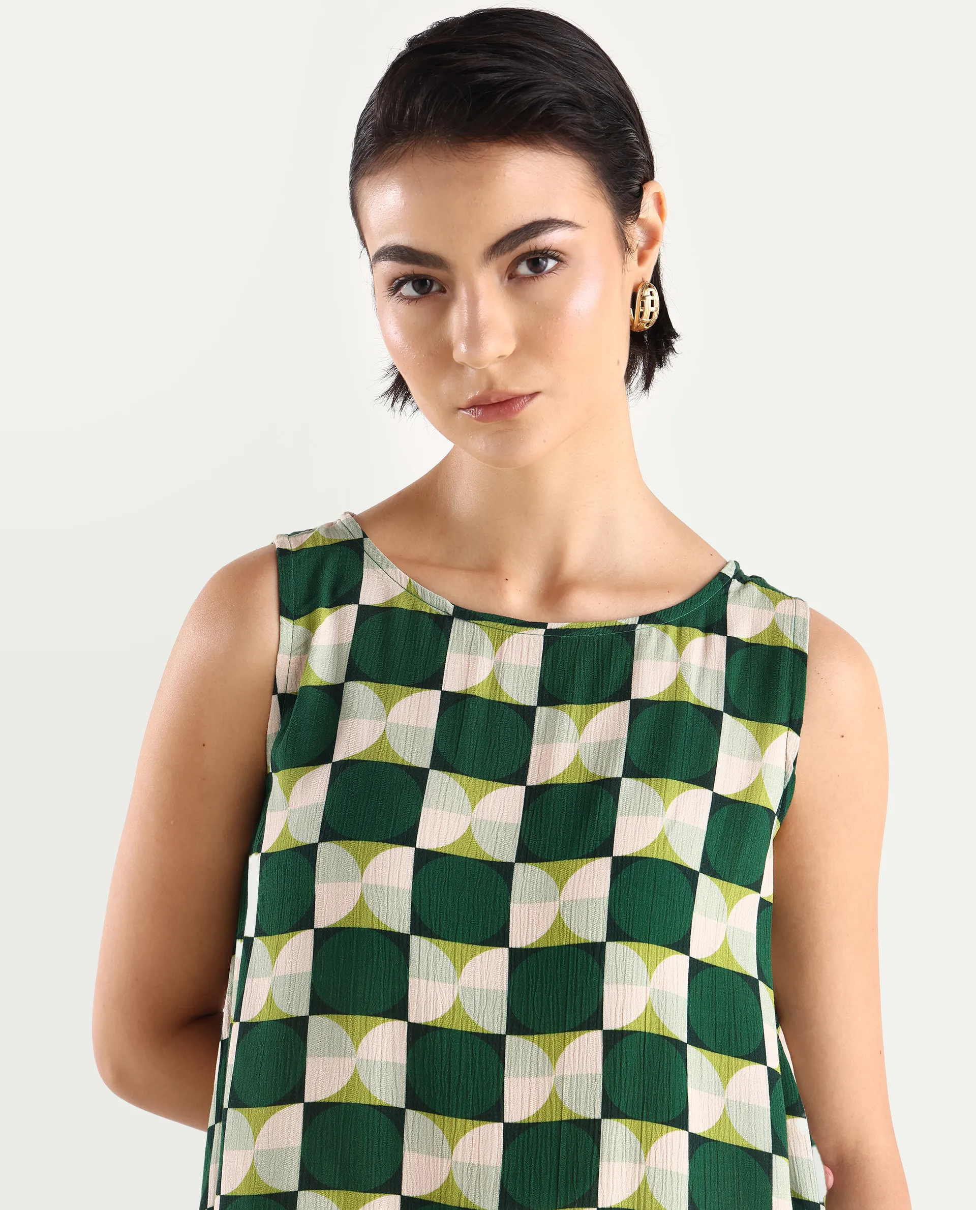 Rareism Women's Janus Dark Multi Rayon Crew Neck Geometric Print Sleeveless Regular Fit Top - Image 4