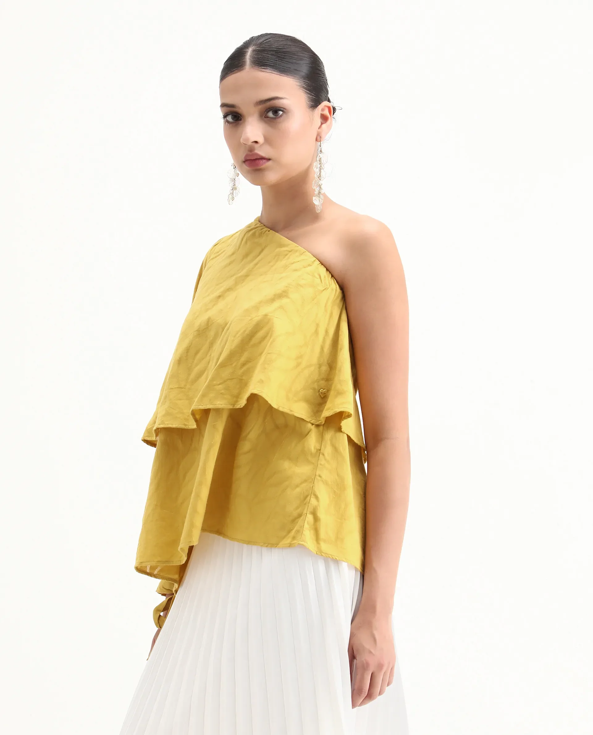 Rareism Women's Janvipi Mustard Cotton One Shoulder Plain Relaxed Fit Top - Image 6