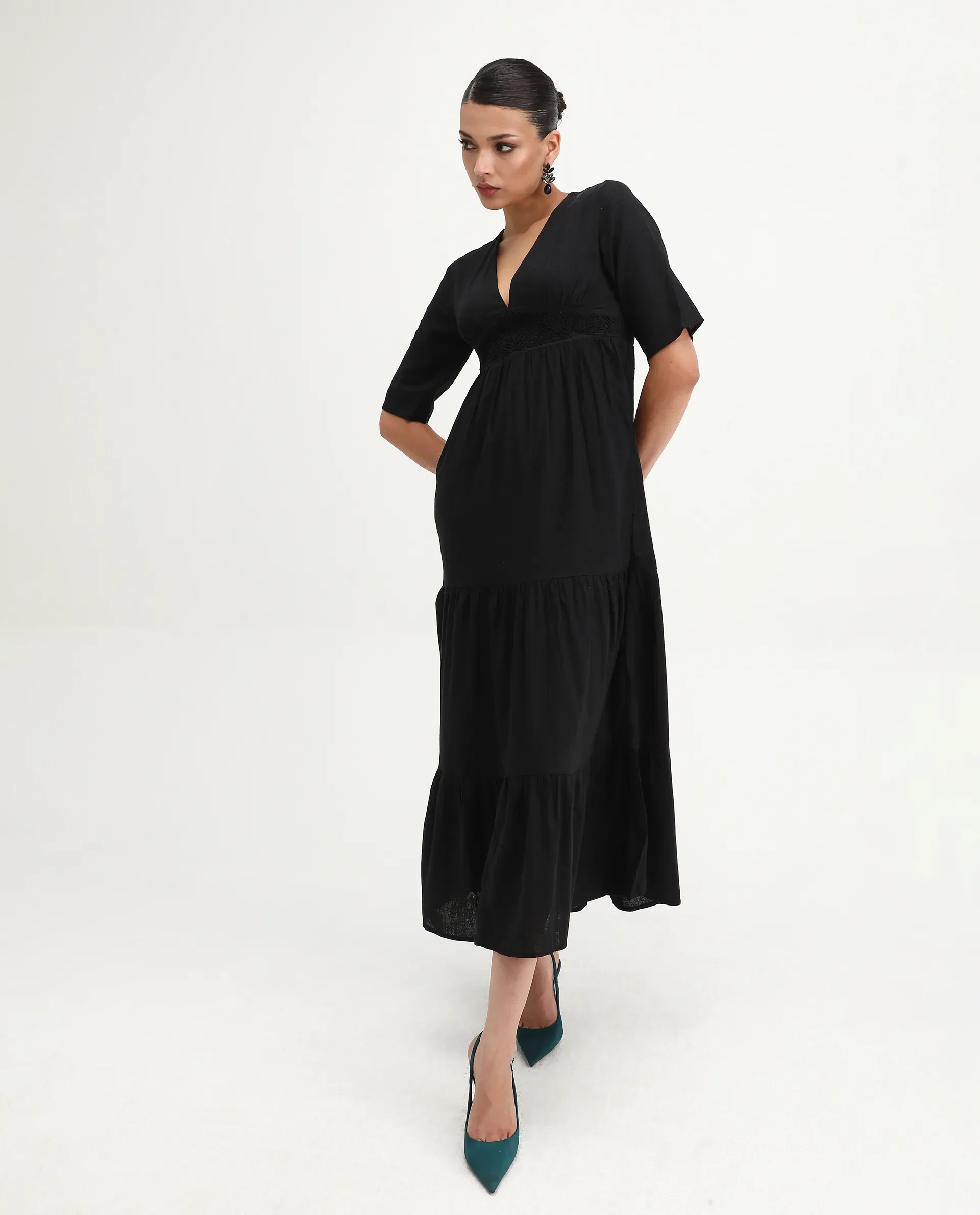 Rareism Women's Janyaka Black Viscose Blend V-Neck Plain Maxi Fit And Flare Dress