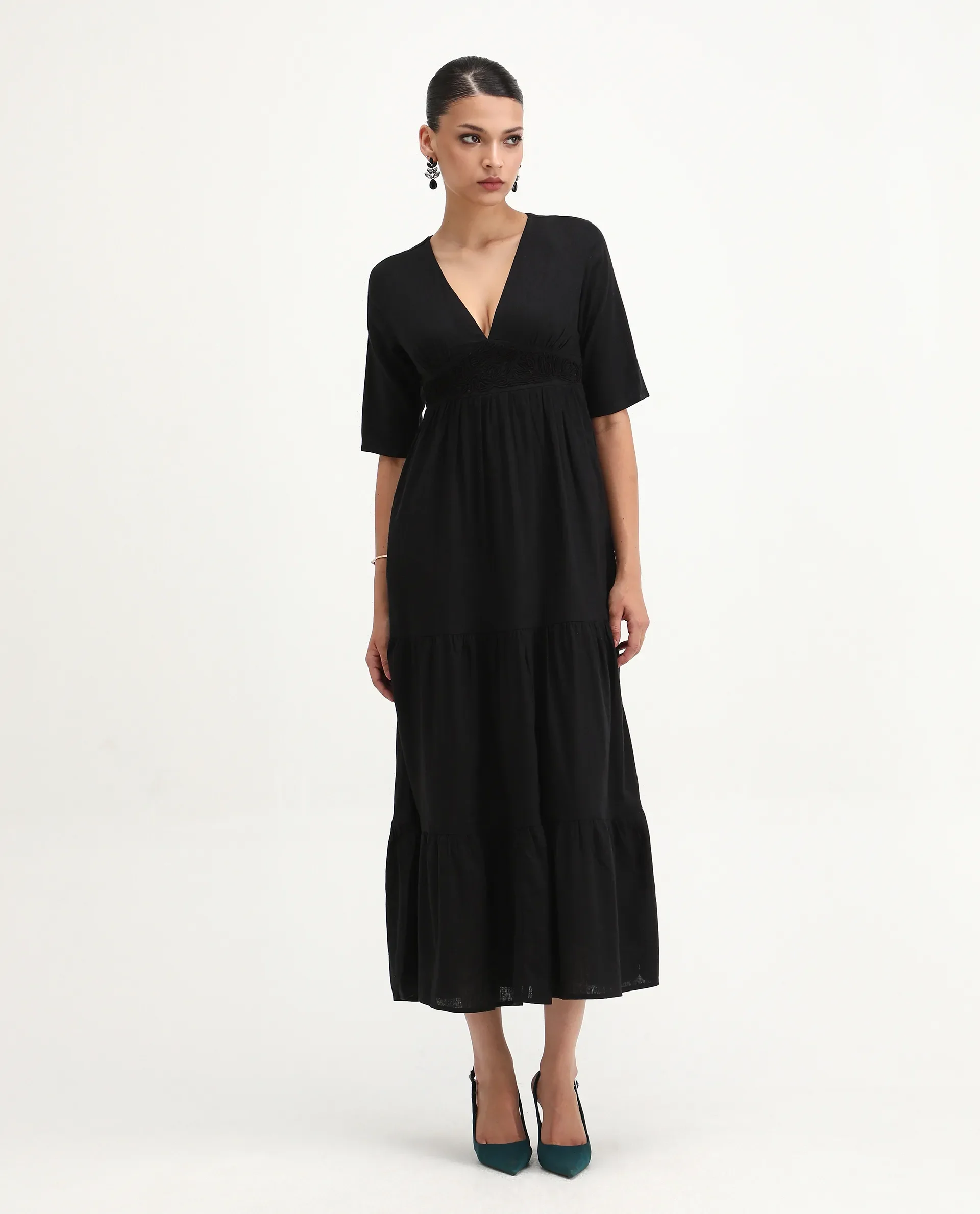 Rareism Women's Janyaka Black Viscose Blend V-Neck Plain Maxi Fit And Flare Dress - Image 4
