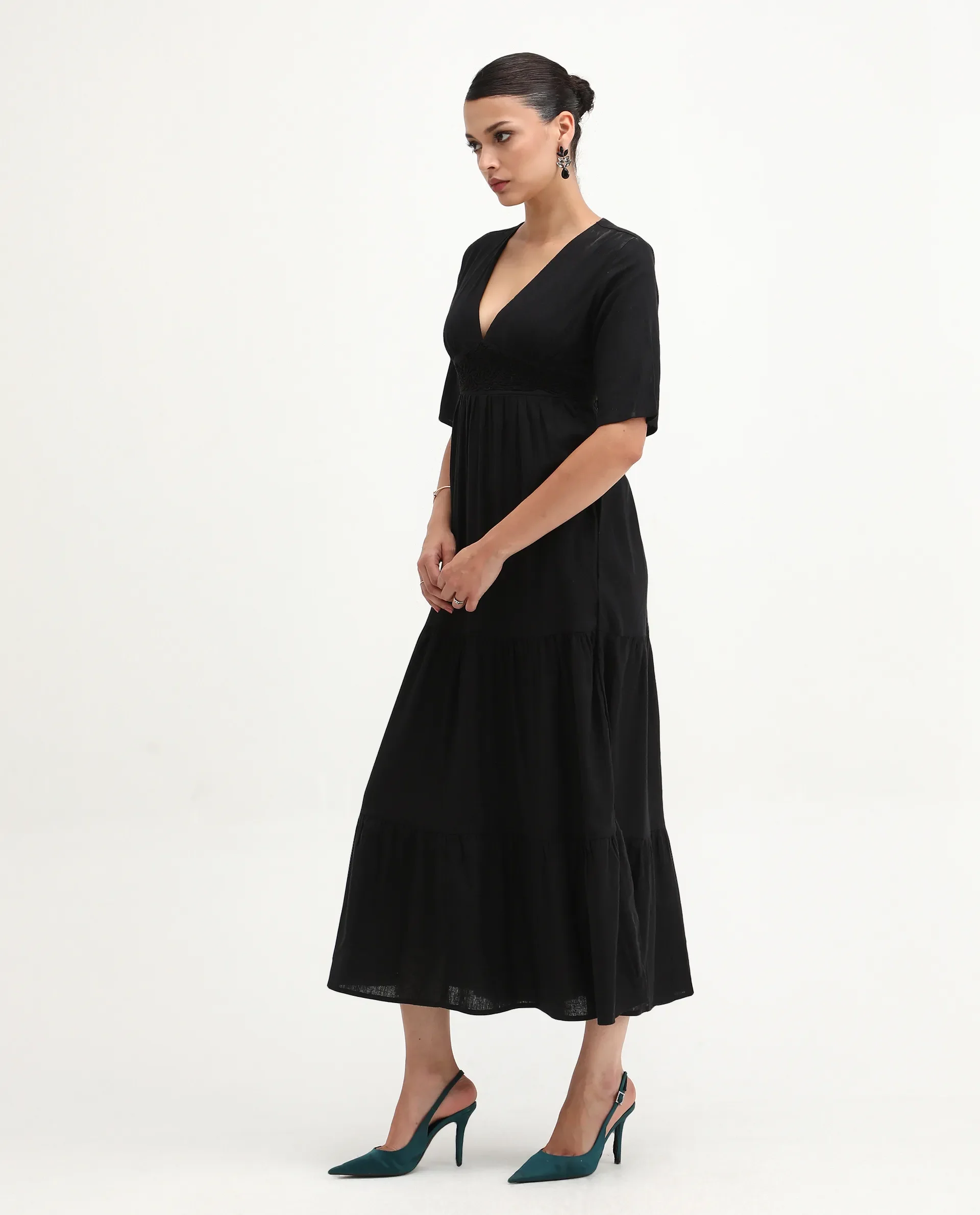 Rareism Women's Janyaka Black Viscose Blend V-Neck Plain Maxi Fit And Flare Dress - Image 5