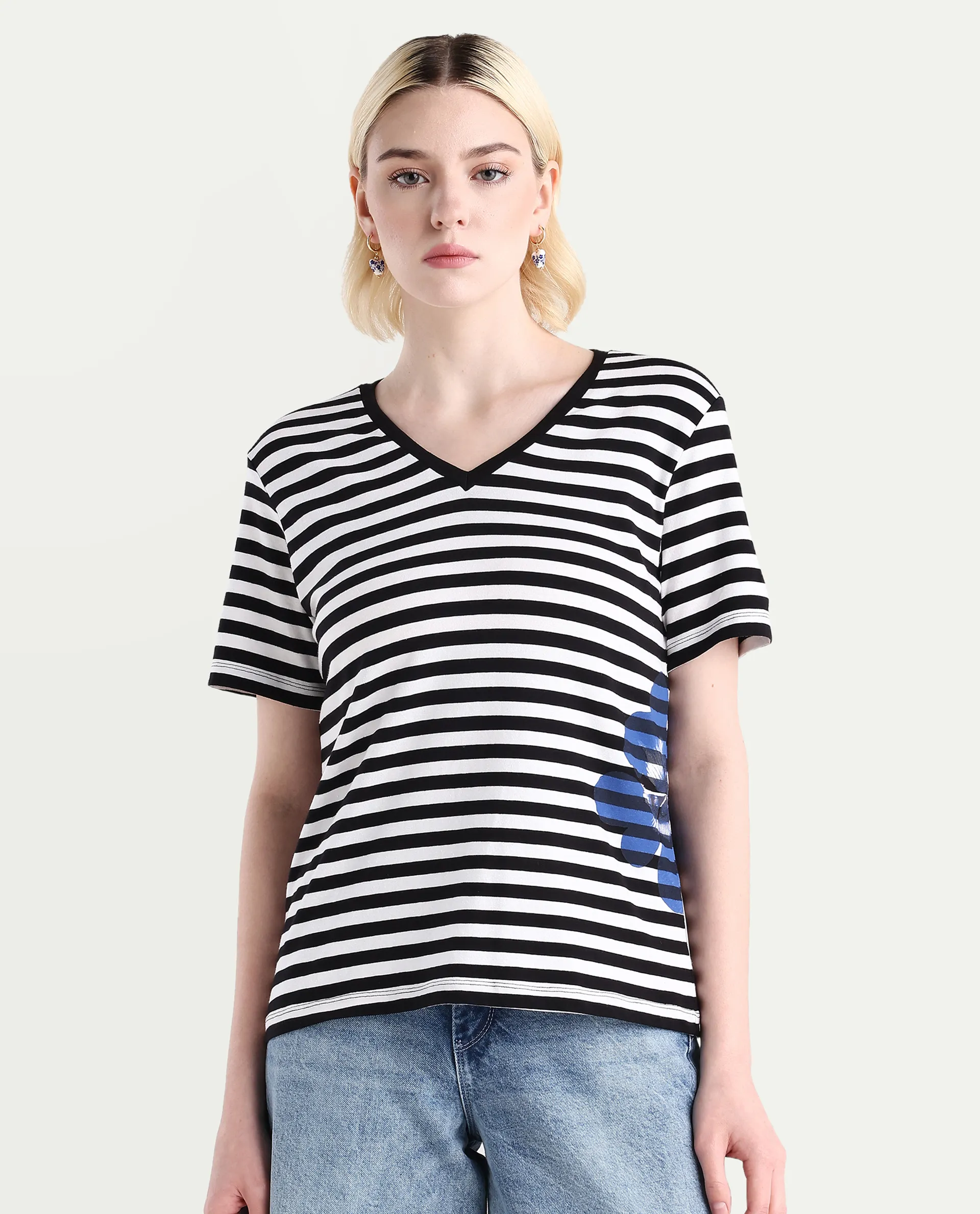 Rareism Women's Janyan Off White Cotton Blend V-Neck Striped Regular Fit T-Shirt - Image 3