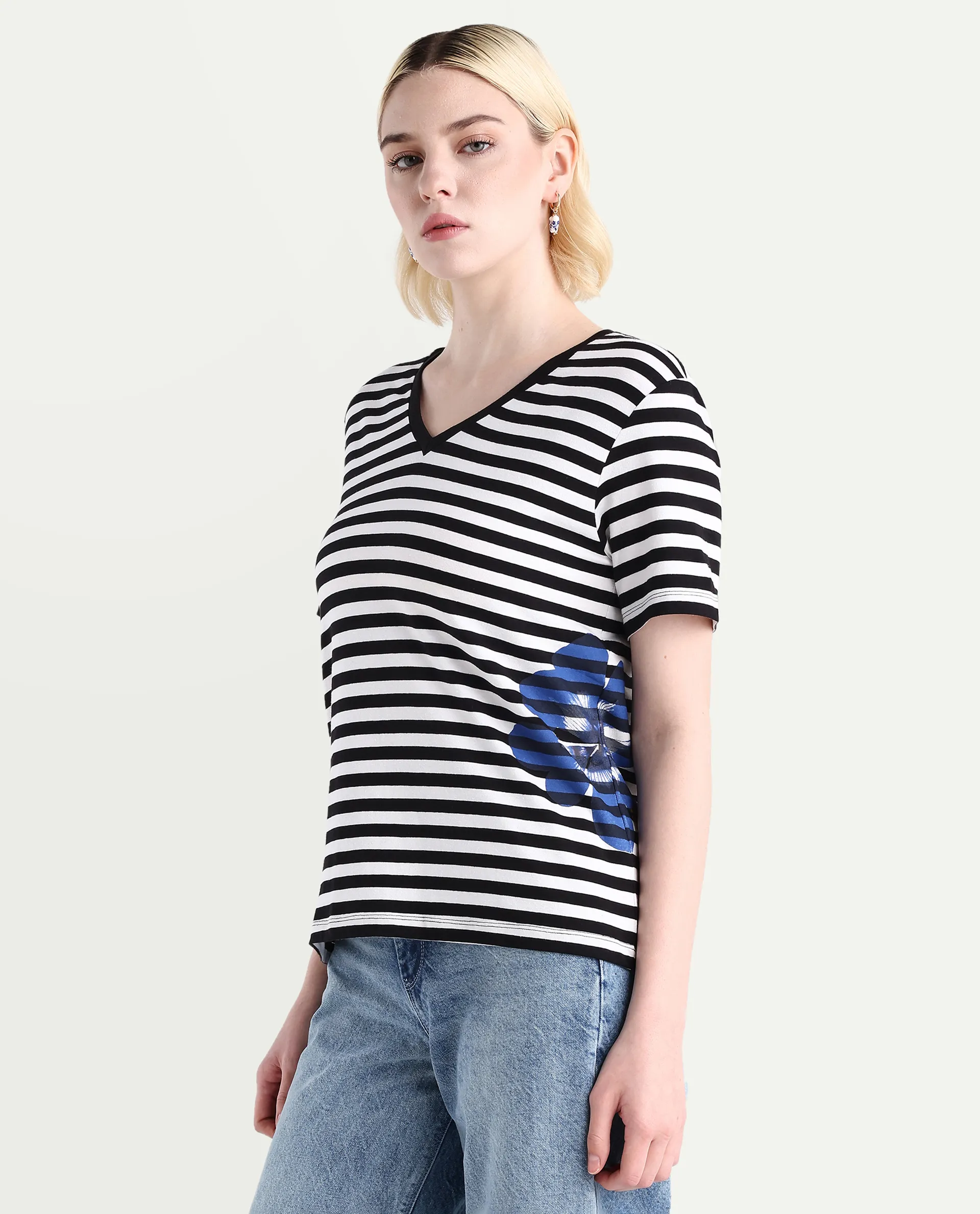 Rareism Women's Janyan Off White Cotton Blend V-Neck Striped Regular Fit T-Shirt - Image 5