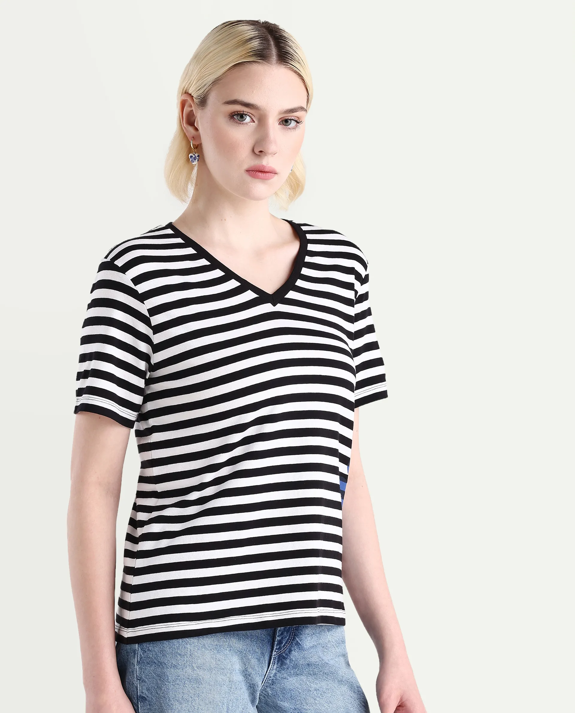 Rareism Women's Janyan Off White Cotton Blend V-Neck Striped Regular Fit T-Shirt - Image 6