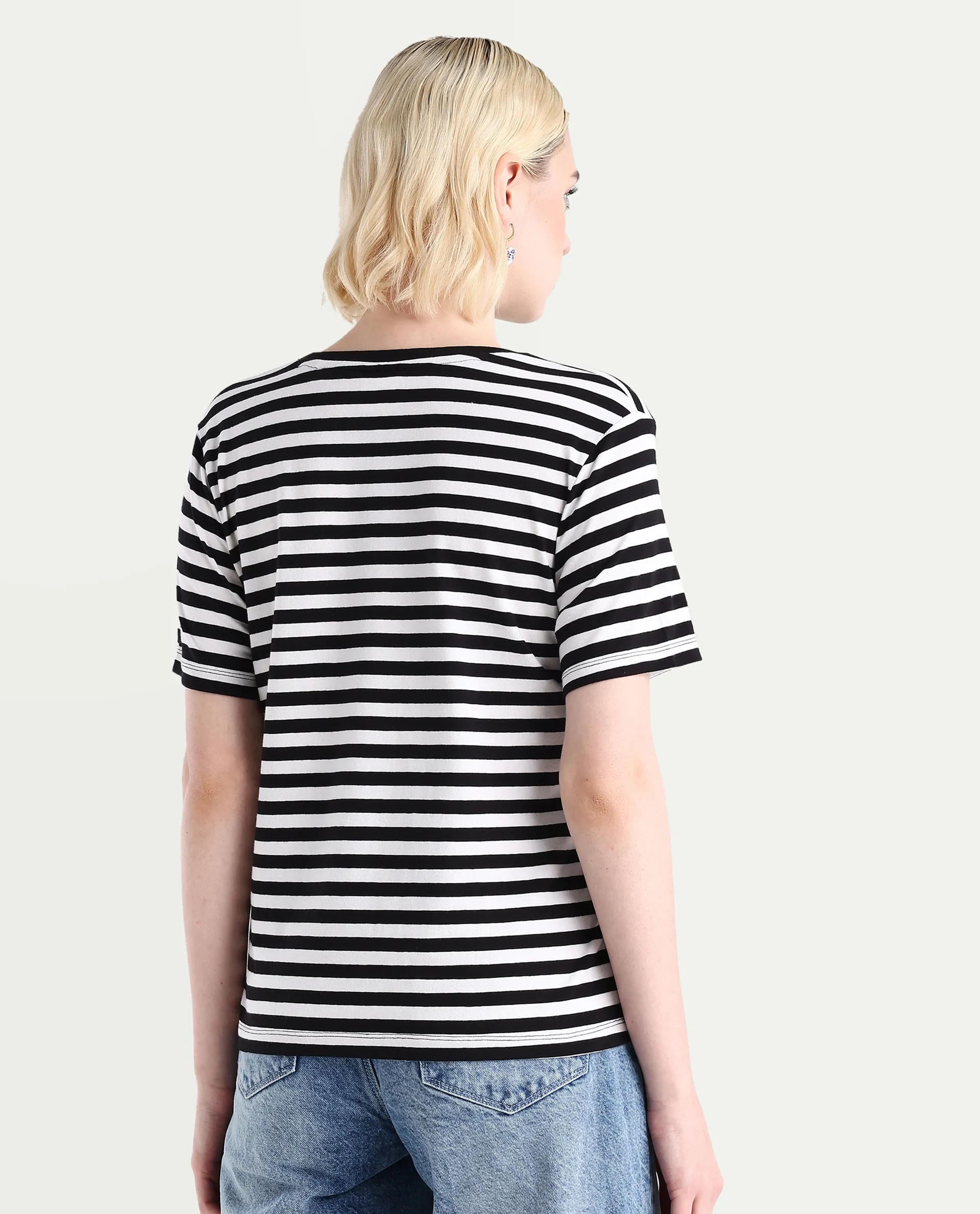 Rareism Women's Janyan Off White Cotton Blend V-Neck Striped Regular Fit T-Shirt - Image 7
