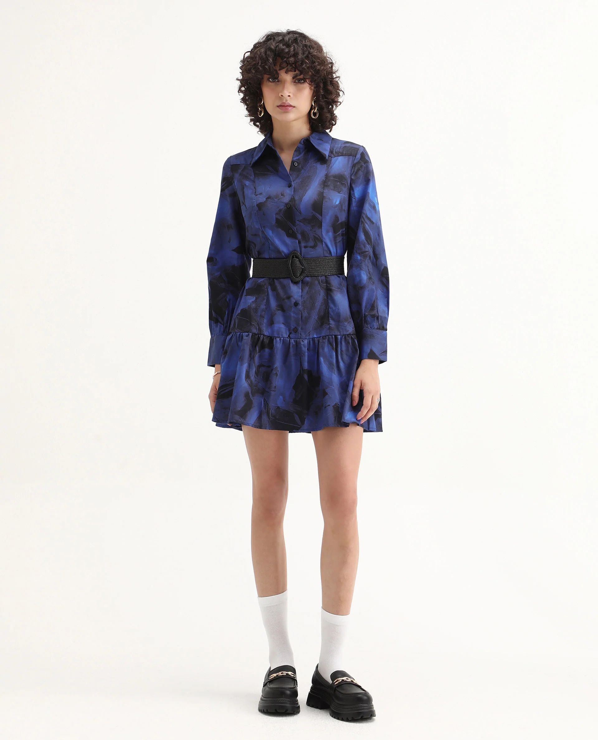 Rareism Women's Janyulu Dark Blue Cotton Spread Collar Floral Print Cuffed Sleeve Mini Fit And Flare Dress - Image 2