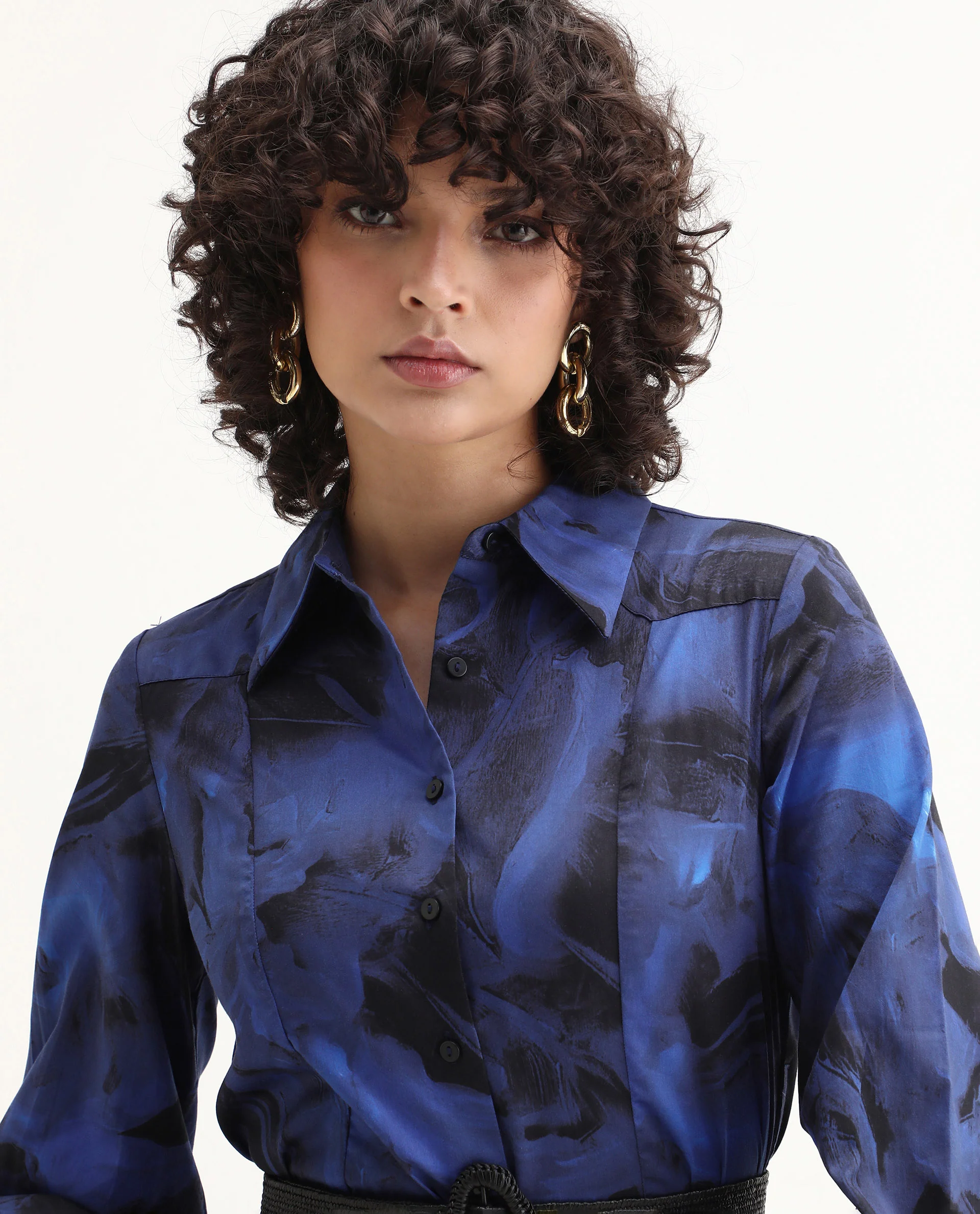 Rareism Women's Janyulu Dark Blue Cotton Spread Collar Floral Print Cuffed Sleeve Mini Fit And Flare Dress - Image 4