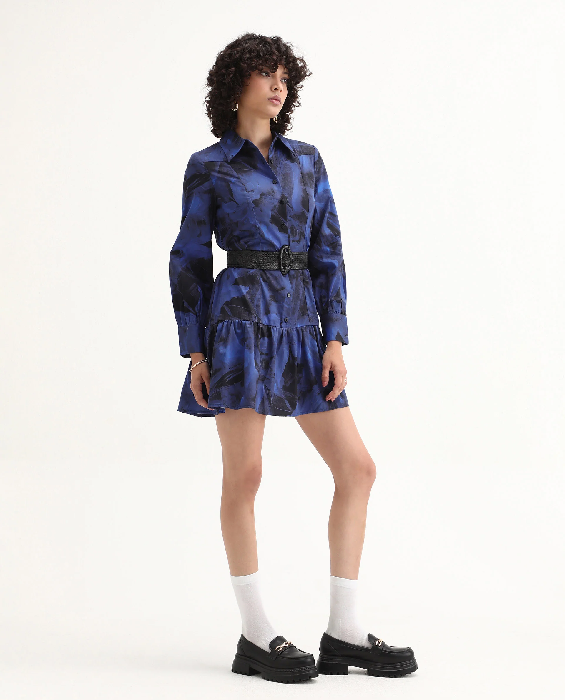 Rareism Women's Janyulu Dark Blue Cotton Spread Collar Floral Print Cuffed Sleeve Mini Fit And Flare Dress - Image 6