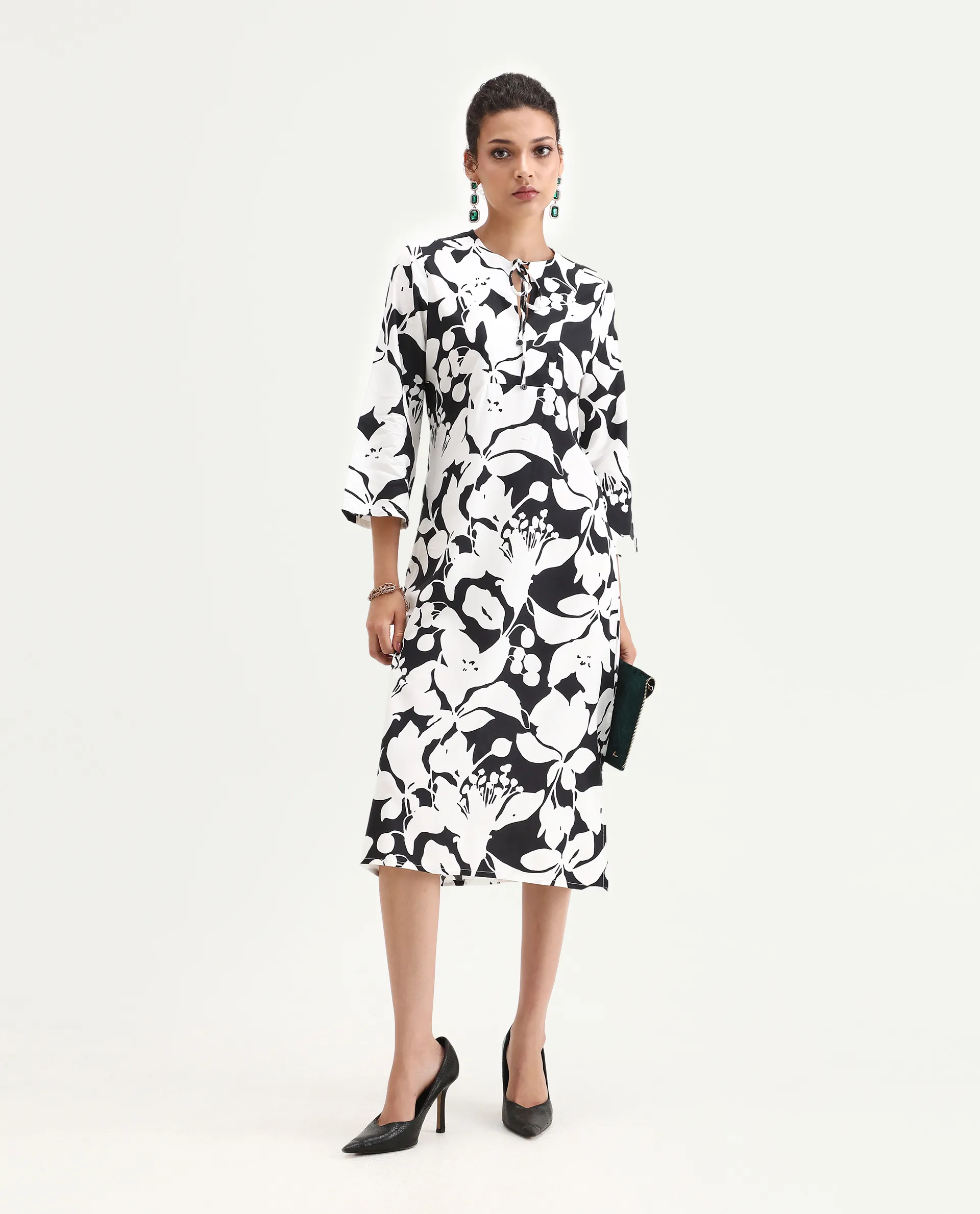Rareism Women's Janzen Black Viscose Tie-Up Neck Floral Print Bell Sleeve Midi Straight Fit Dress - Image 2