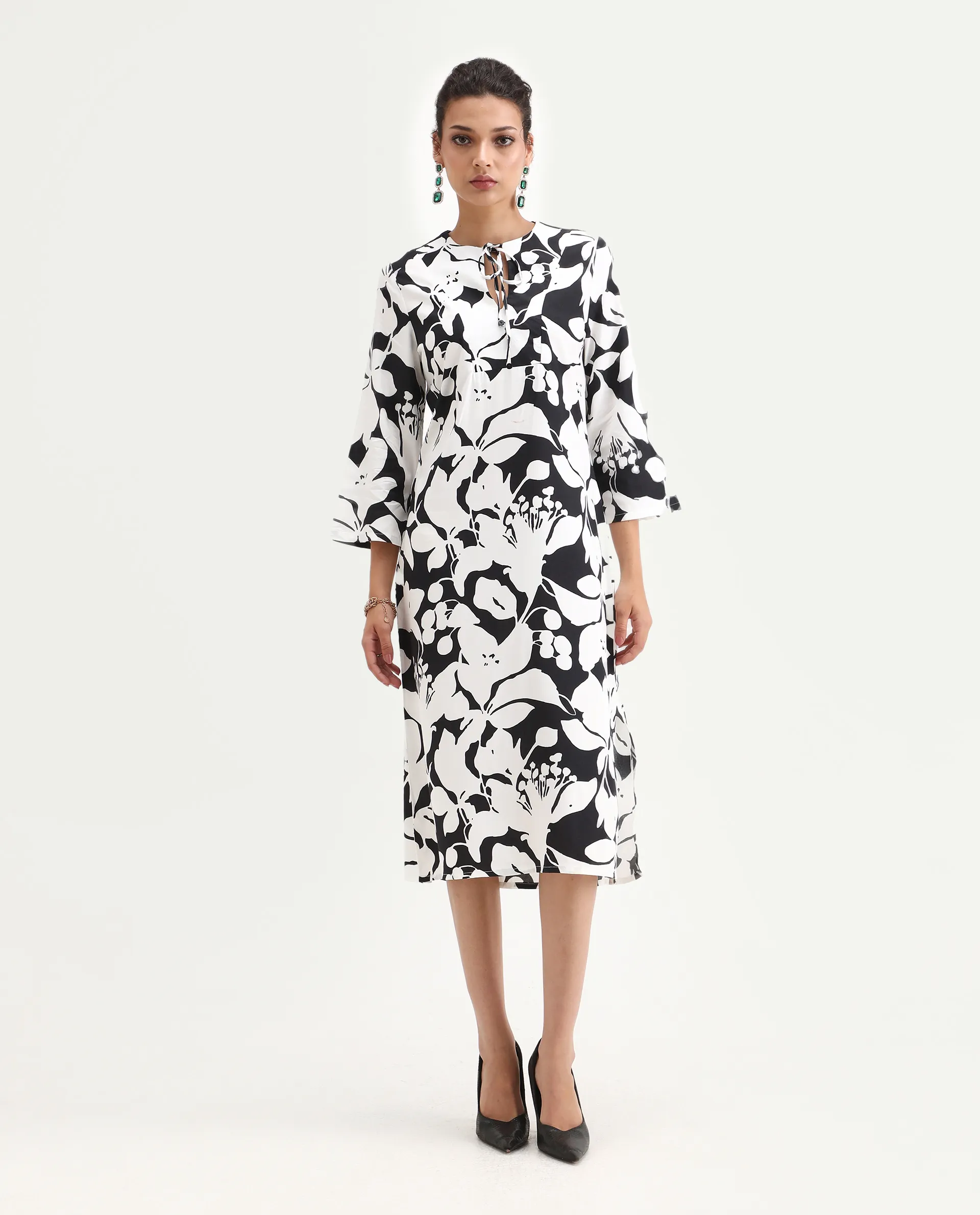 Rareism Women's Janzen Black Viscose Tie-Up Neck Floral Print Bell Sleeve Midi Straight Fit Dress - Image 3