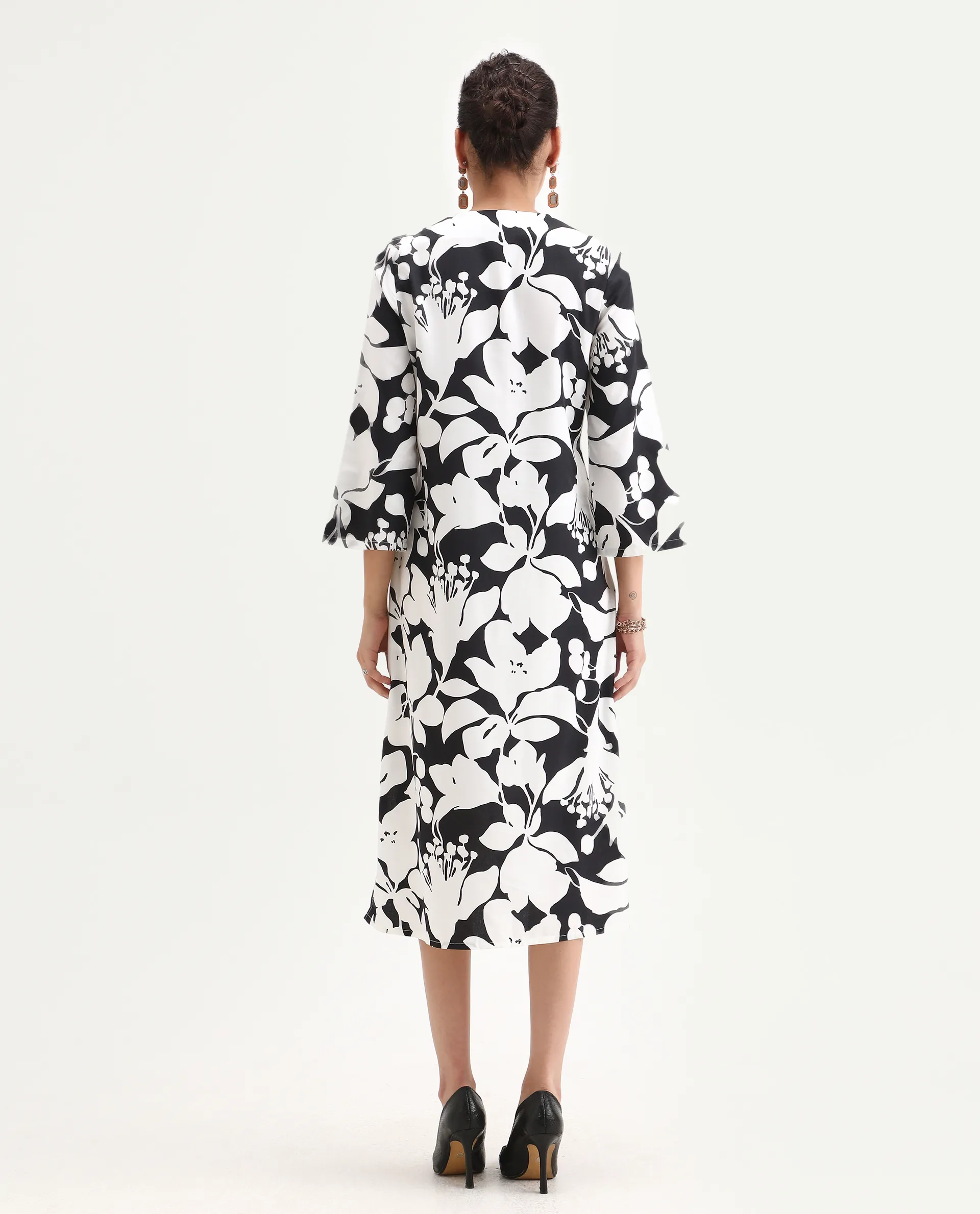 Rareism Women's Janzen Black Viscose Tie-Up Neck Floral Print Bell Sleeve Midi Straight Fit Dress - Image 6