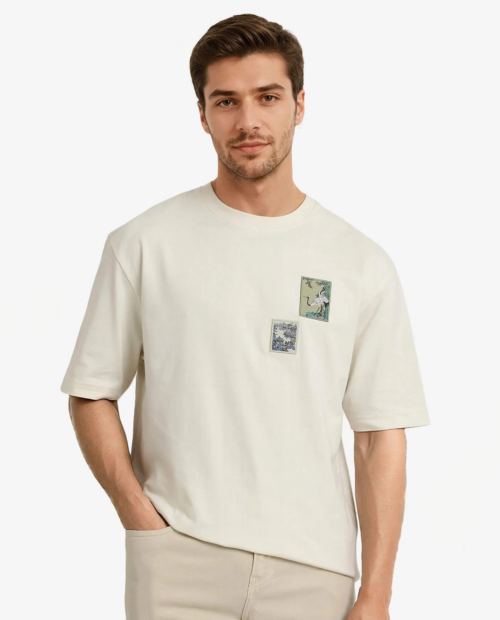 Rare Rabbit Men's Jap Off White Cotton Graphic Print Regular Fit Half Sleeve Crew Neck T-Shirt - Image 2