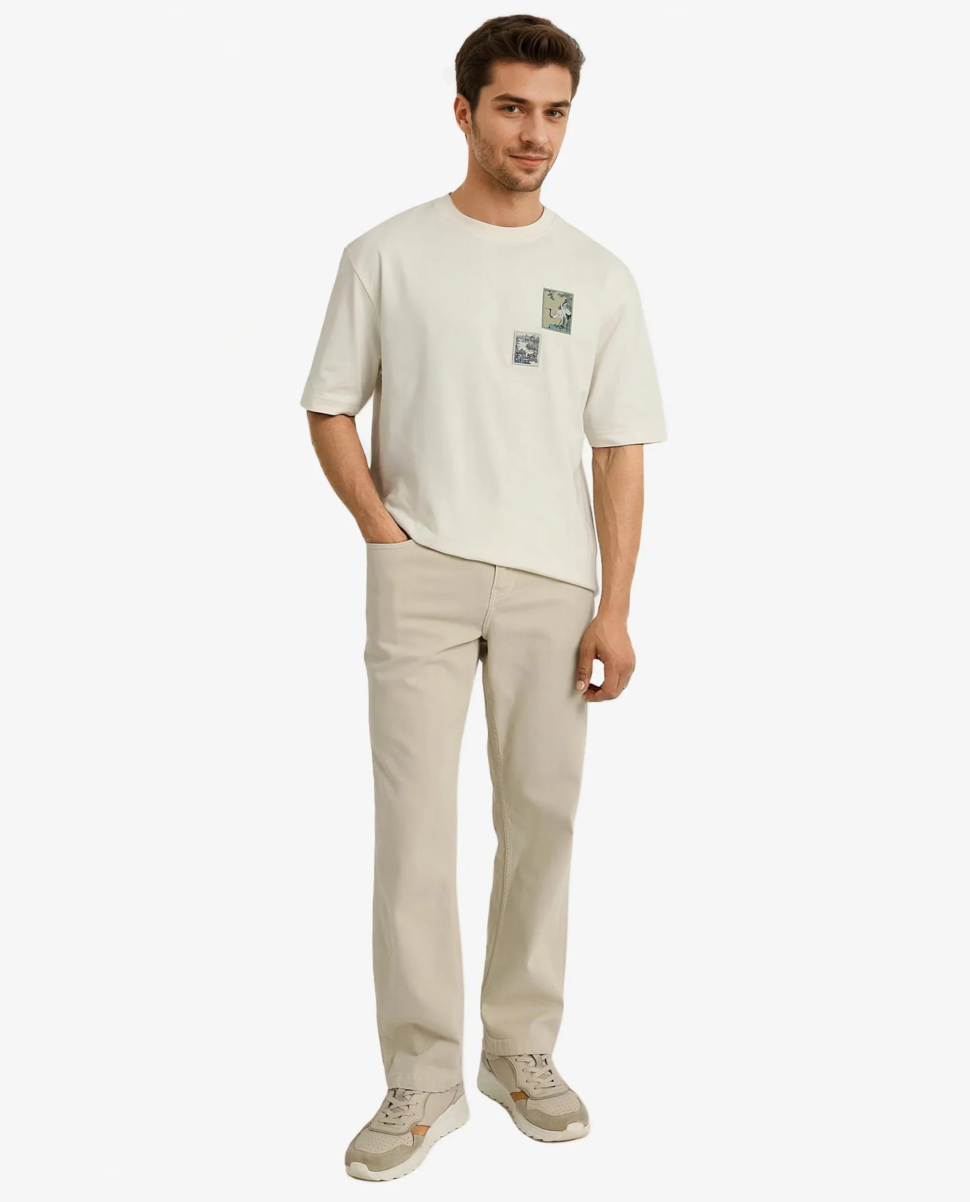 Rare Rabbit Men's Jap Off White Cotton Graphic Print Regular Fit Half Sleeve Crew Neck T-Shirt - Image 4
