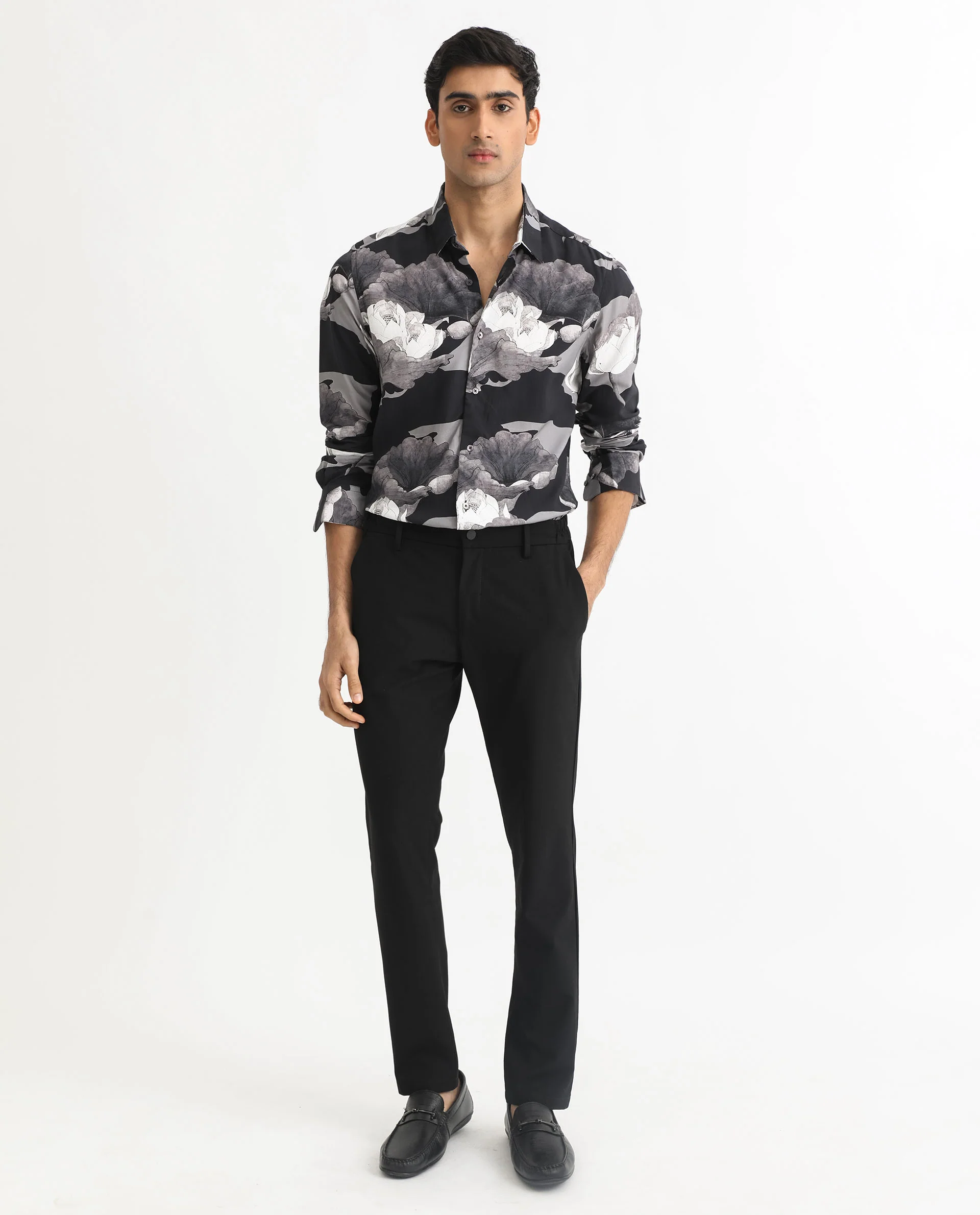 Rare Rabbit Men's Japo Grey Viscose Floral Print Regular Fit Full Sleeve Collared Shirt - Image 3