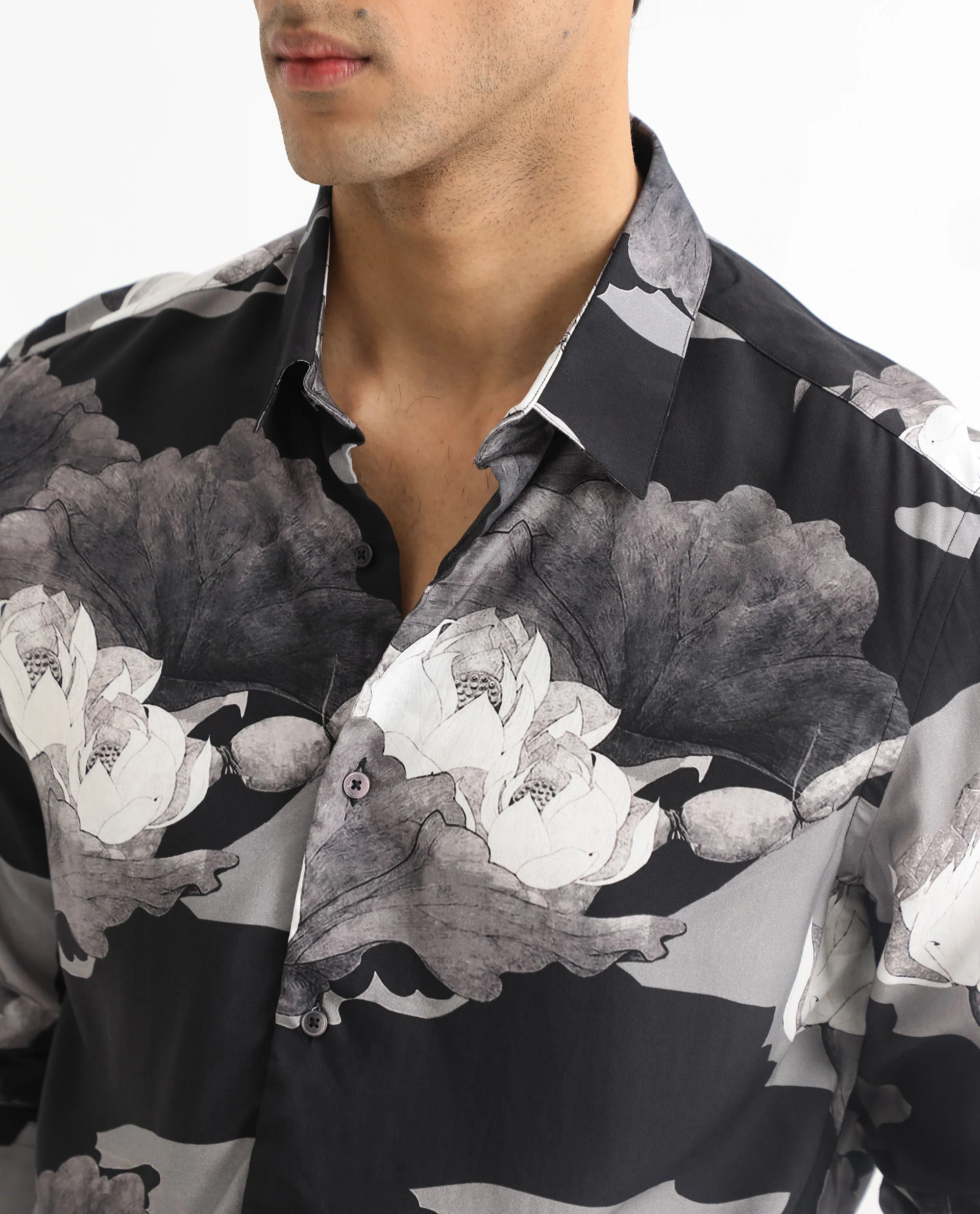 Rare Rabbit Men's Japo Grey Viscose Floral Print Regular Fit Full Sleeve Collared Shirt - Image 4