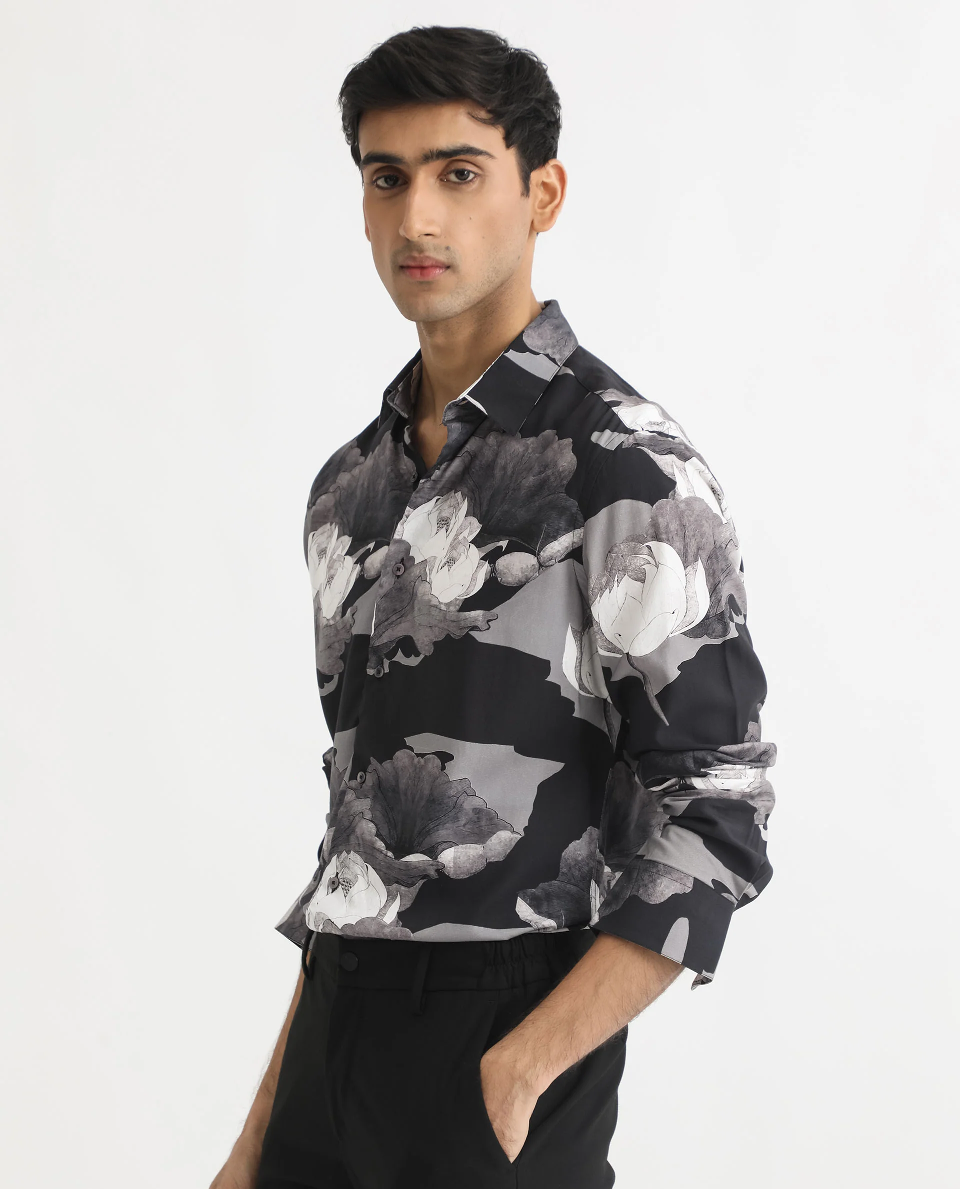 Rare Rabbit Men's Japo Grey Viscose Floral Print Regular Fit Full Sleeve Collared Shirt - Image 6