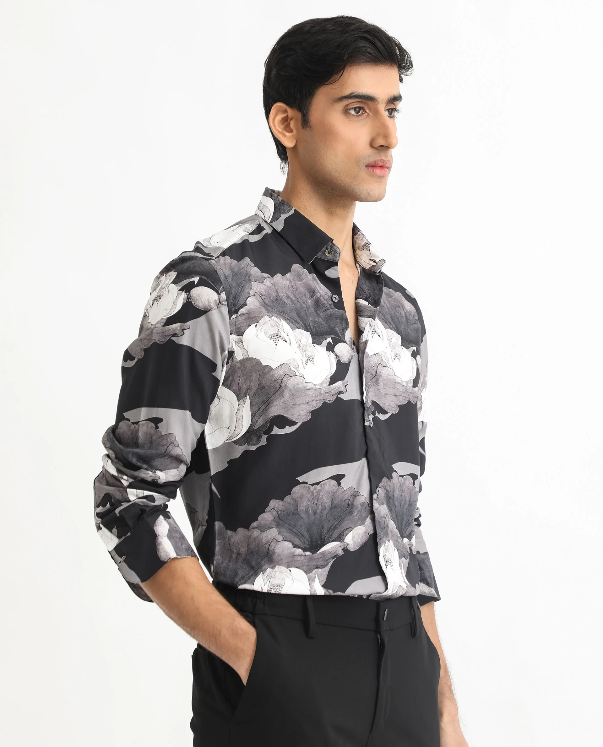 Rare Rabbit Men's Japo Grey Viscose Floral Print Regular Fit Full Sleeve Collared Shirt - Image 7
