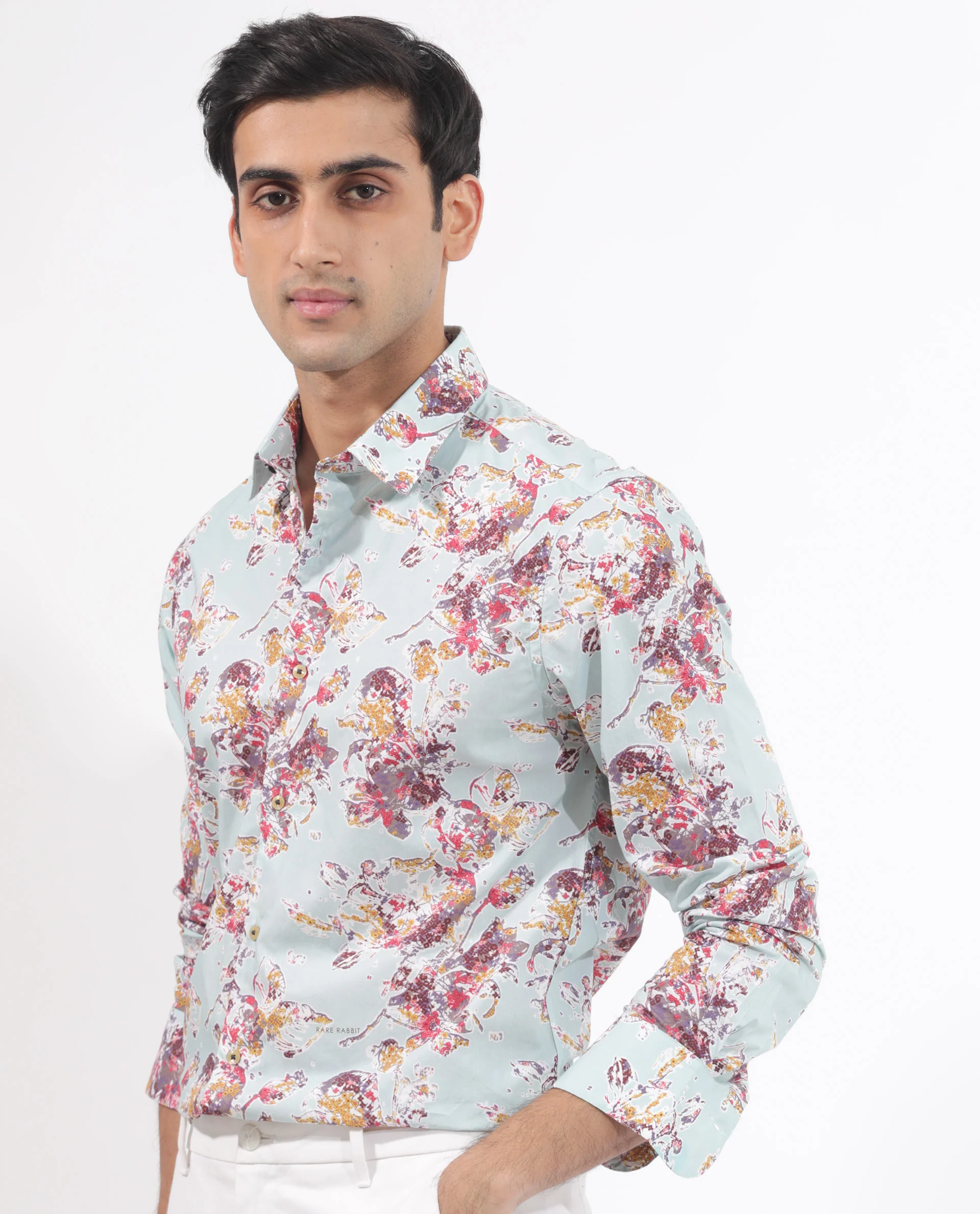 Rare Rabbit Men's Jaqenn Turq Cotton Floral Print Tailored Fit Full Sleeve Collared Shirt - Image 7
