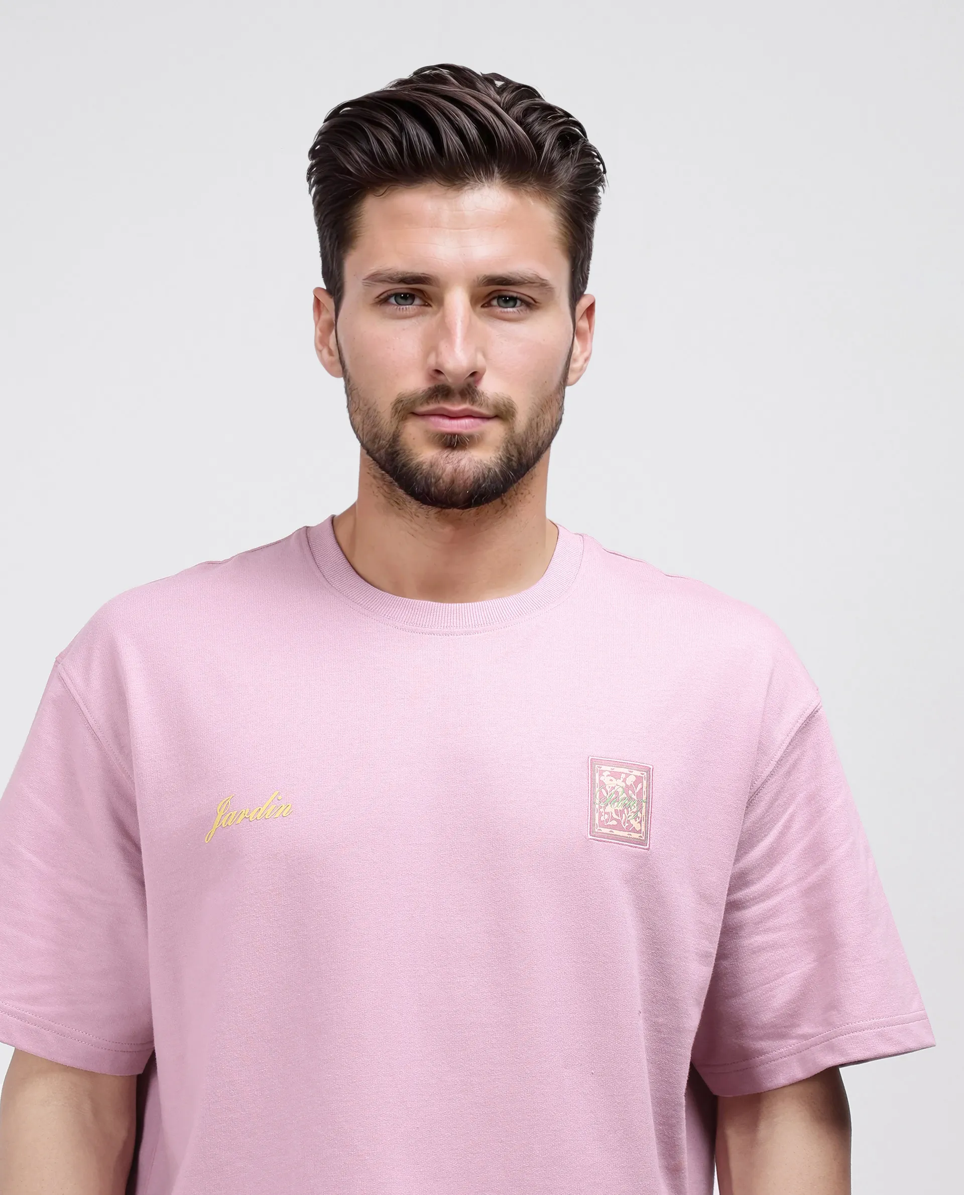Rare Rabbit Men's Jardi Pink Cotton Graphic Print Oversized Fit Half Sleeve Crew Neck T-Shirt - Image 5