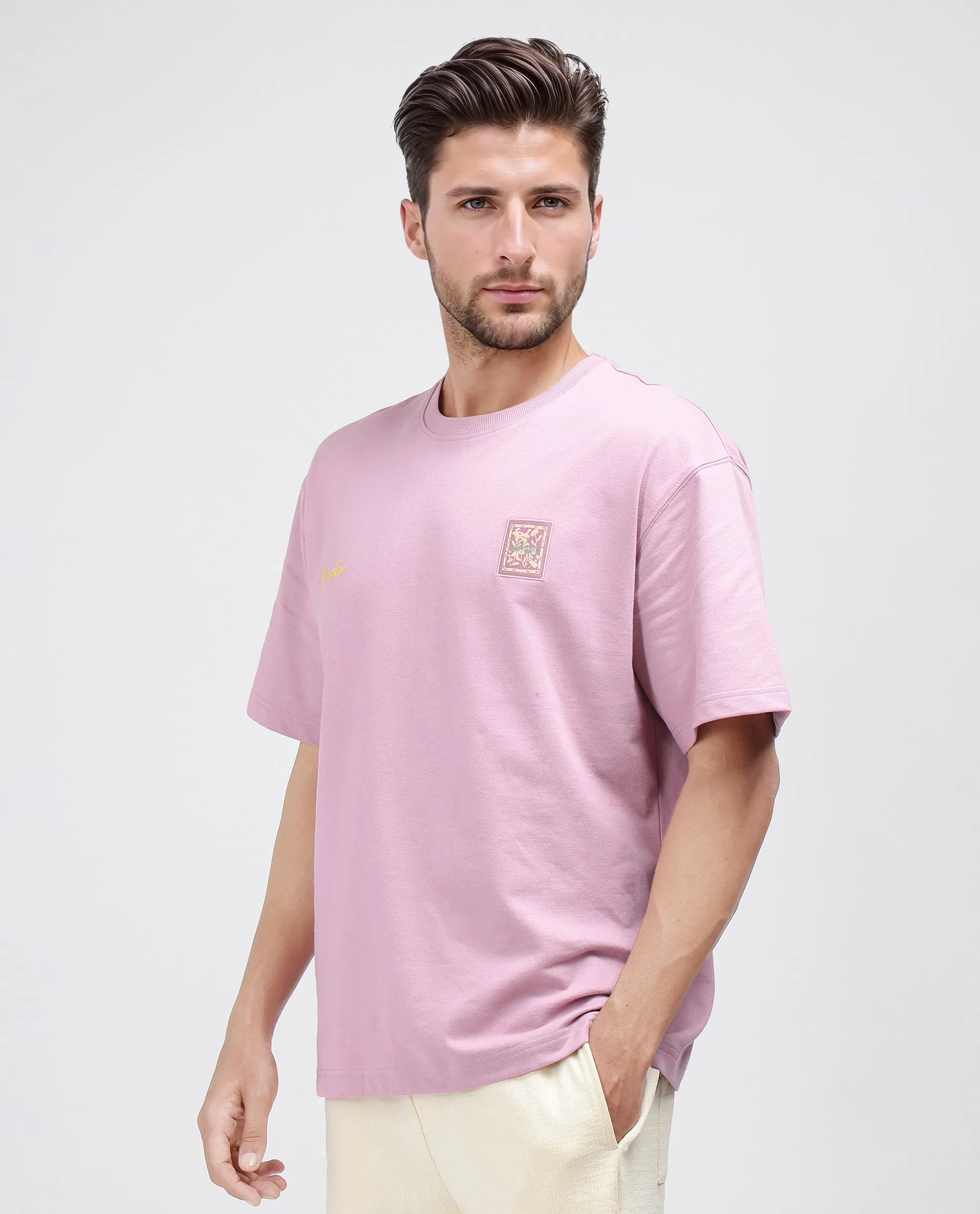 Rare Rabbit Men's Jardi Pink Cotton Graphic Print Oversized Fit Half Sleeve Crew Neck T-Shirt - Image 6