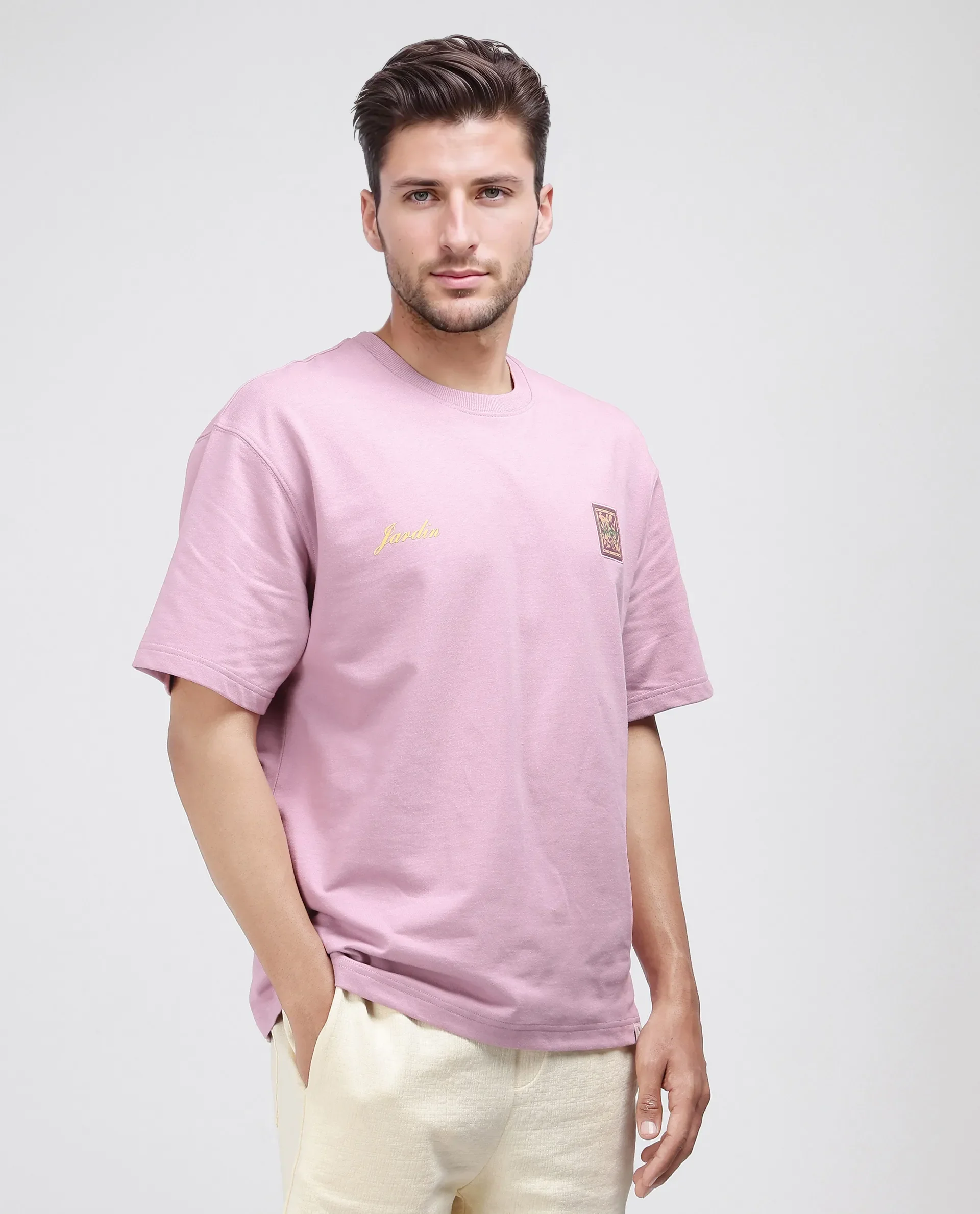 Rare Rabbit Men's Jardi Pink Cotton Graphic Print Oversized Fit Half Sleeve Crew Neck T-Shirt - Image 7