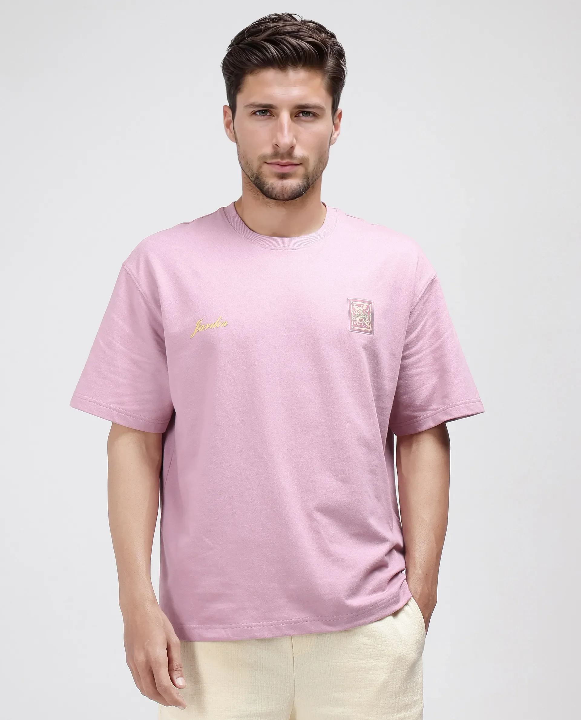 Rare Rabbit Men's Jardi Pink Cotton Graphic Print Oversized Fit Half Sleeve Crew Neck T-Shirt - Image 8