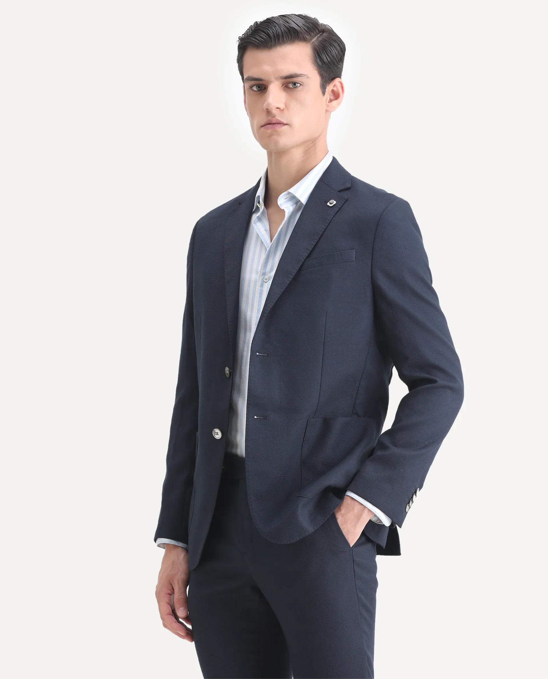 Rare Rabbit Men's Jardin Dark Navy Polyester Plain Tailored Fit Full Sleeve Lapel Neck Suits - Image 12